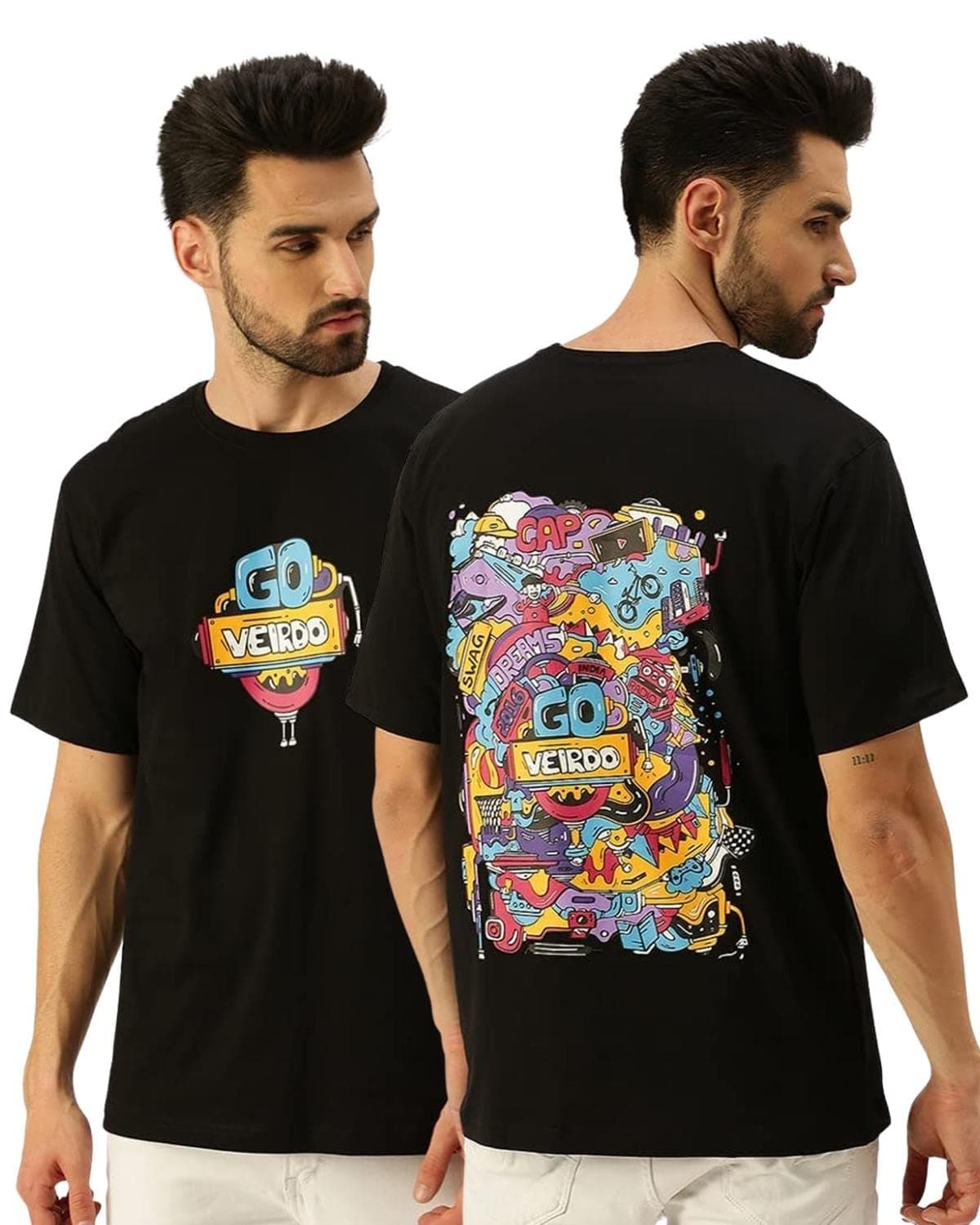 Oversized Baggy Fit Pure Cotton Drop Shoulder Half Sleeve Latest & Aesthetic Black & Lilac Back Doodle & Tiger Graphic Printed Round Neck T-Shirt for Men