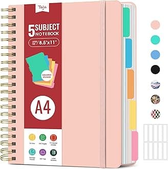 Hardcover Spiral Journal Notebooks for Work With Removable Dividers & Tabs, 8.5"x11" 5 Subject Notebook for Note Taking & Organizer, A4 College Ruled Lined Journal for Women & Writing, Pink, 280 Pages