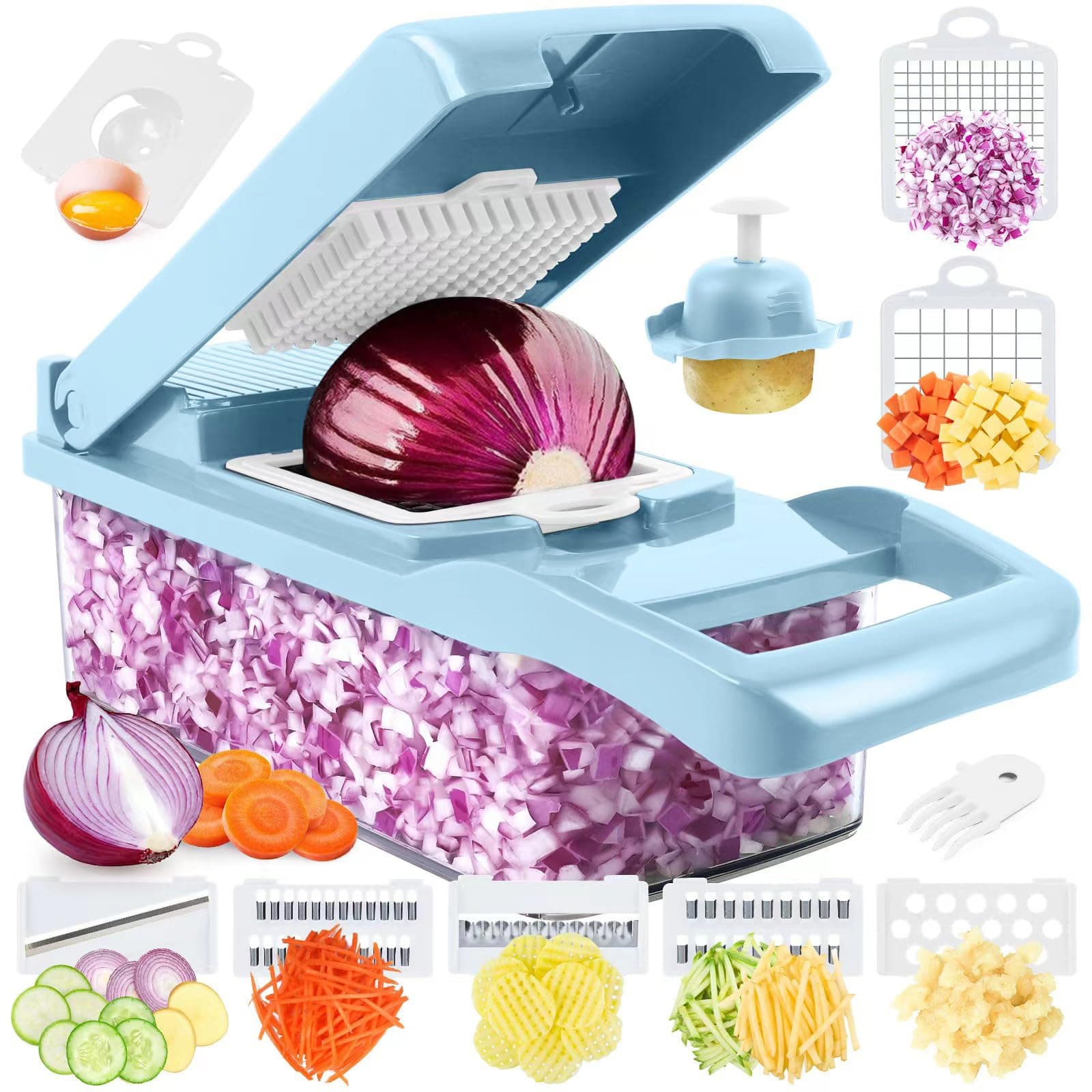 Vegetable Chopper Pro, Multifunctional 13 in 1 Food Chopper, Kitchen Vegetable Slicer Dicer Cutter With 8 Blades for Onion Carrot and Garlic With Container (Blue)