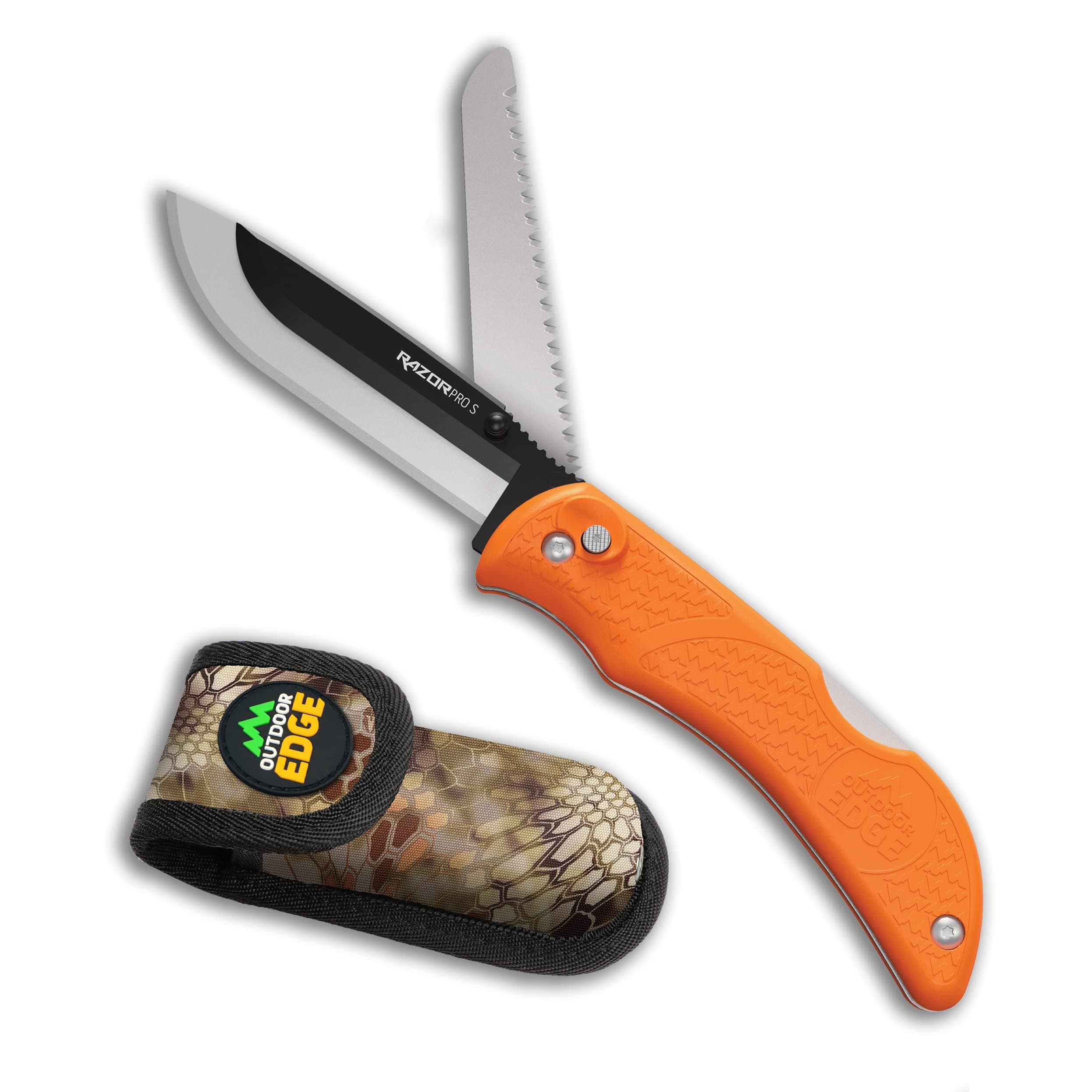 RazorPro S Replaceable Blade Hunting Knife – Folding Skinning & Gutting Knife with RazorSafe System, No Sharpening Required, High-Visibility Handle, Includes 6 Blades & Camo Sheath