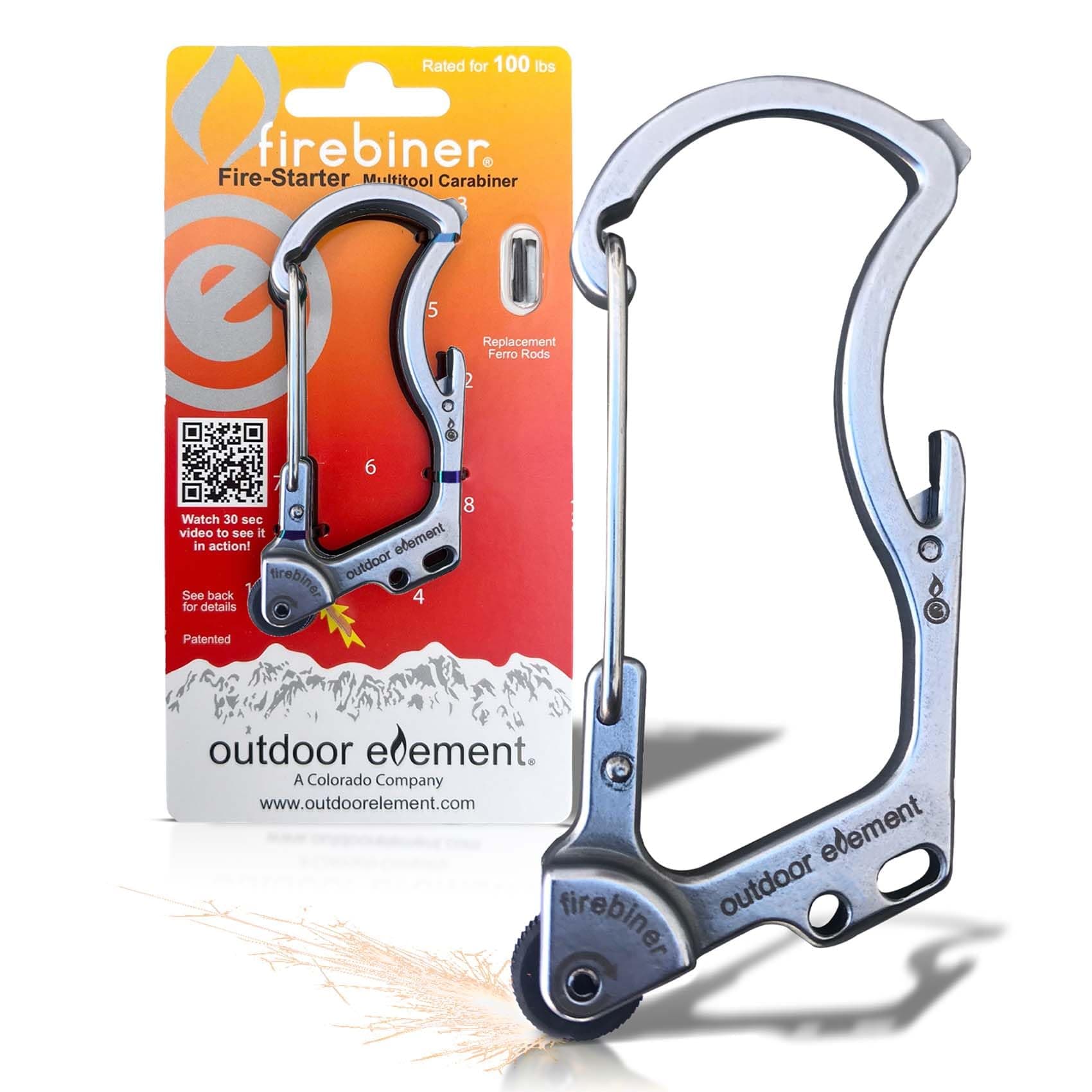 - OUTDOOR ELEMENT Firebiner 6-in-1 Fire-Starting Carabiner EDC Emergency Multitool -Keychain,Utility Blade,Bottle Opener,& More