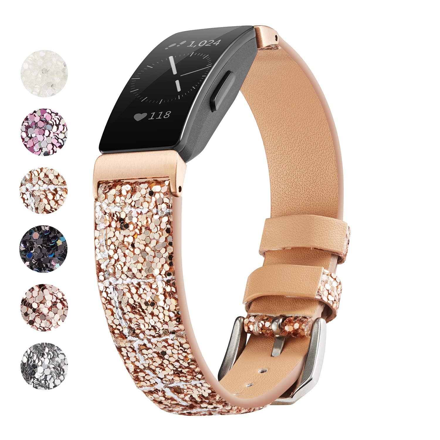 Compatiable Fitbit Inspire Bands/Fitbit Inspire HR Band, 3D Glitter Bling Leather Band Replacement Accessories Wristband for Fitbit Inspire/Inspire HR Fitness Tracker (Rose Gold+Silver Line)