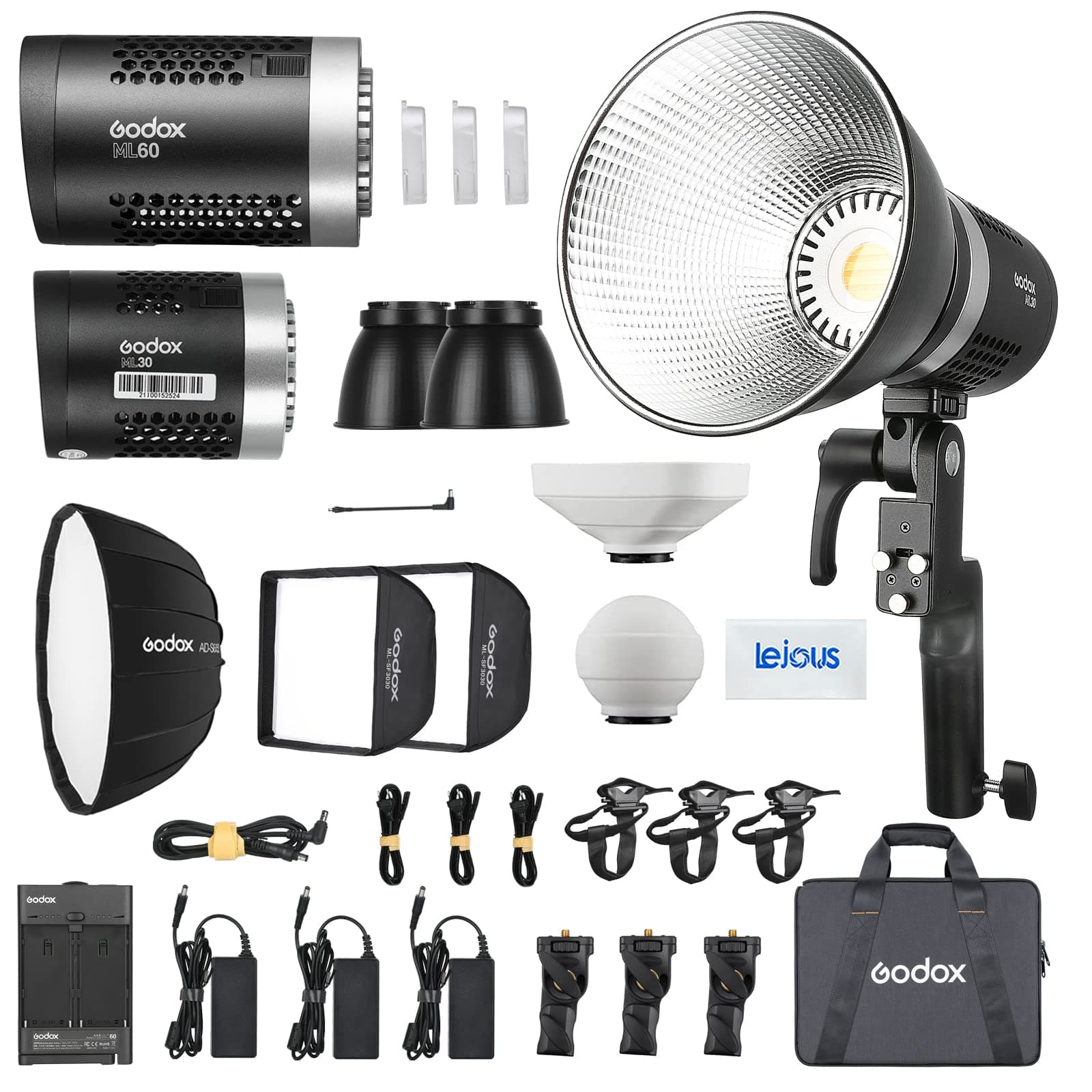 Godox ML-Kit1 LED Lights Kit, Godox ML60 ML30 3 Lights Kit, with ML-CD15/ML-CS1625 Diffusion Dome, 30x30cm/AD-S65S Softbox Continuous Lighting Kit for Portrait Studio Video Shoot Photography