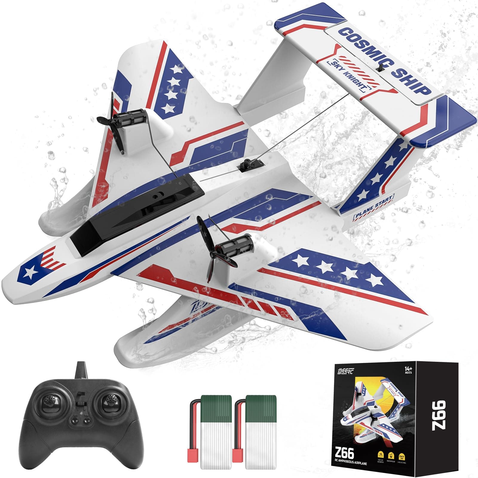 DEERC RC Plane for Water Land & Air, Amphibious Tri-Phibian Aircraft, 4CH Remote Control Plane W/ 2 Batteries, 2.4GHz RTF Airplane Glider for Boy Girl