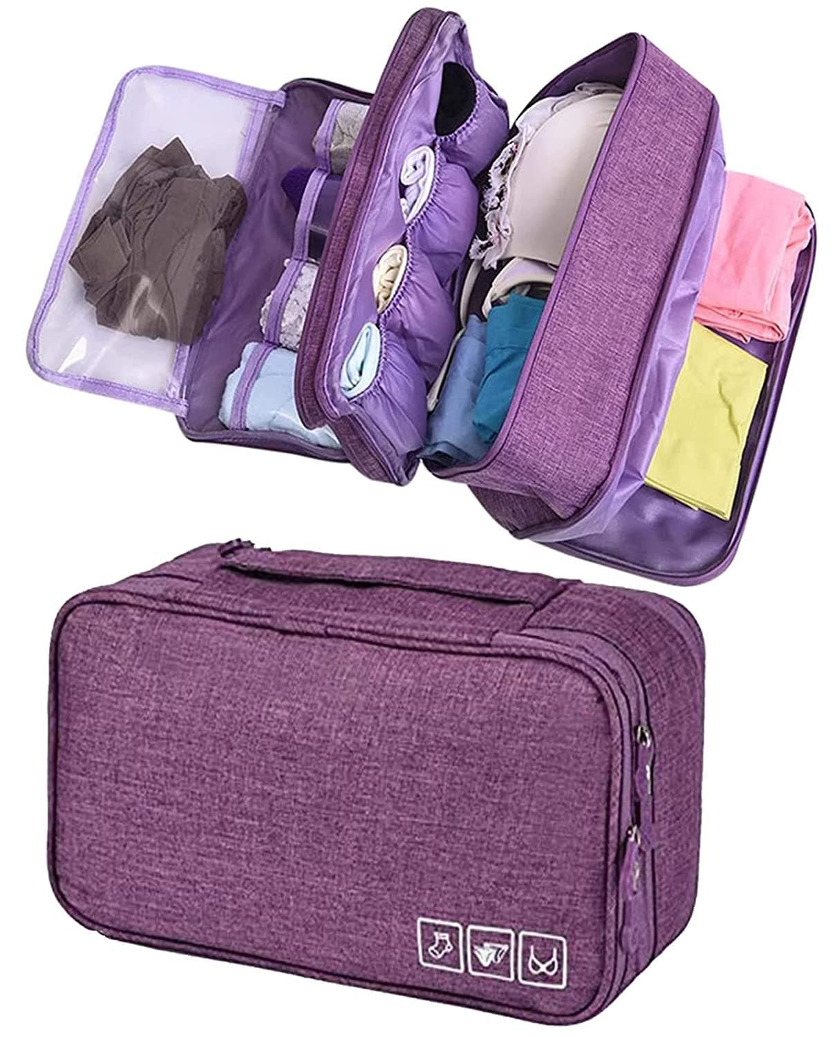 Polyester 3 Layer Lingerie Organizer Bag, Travel Pouch For Storage Of Bra, Underwear, Innerwear, Cosmetics, Toiletry For Women - 28 X 15 X 13 Cm - Purple