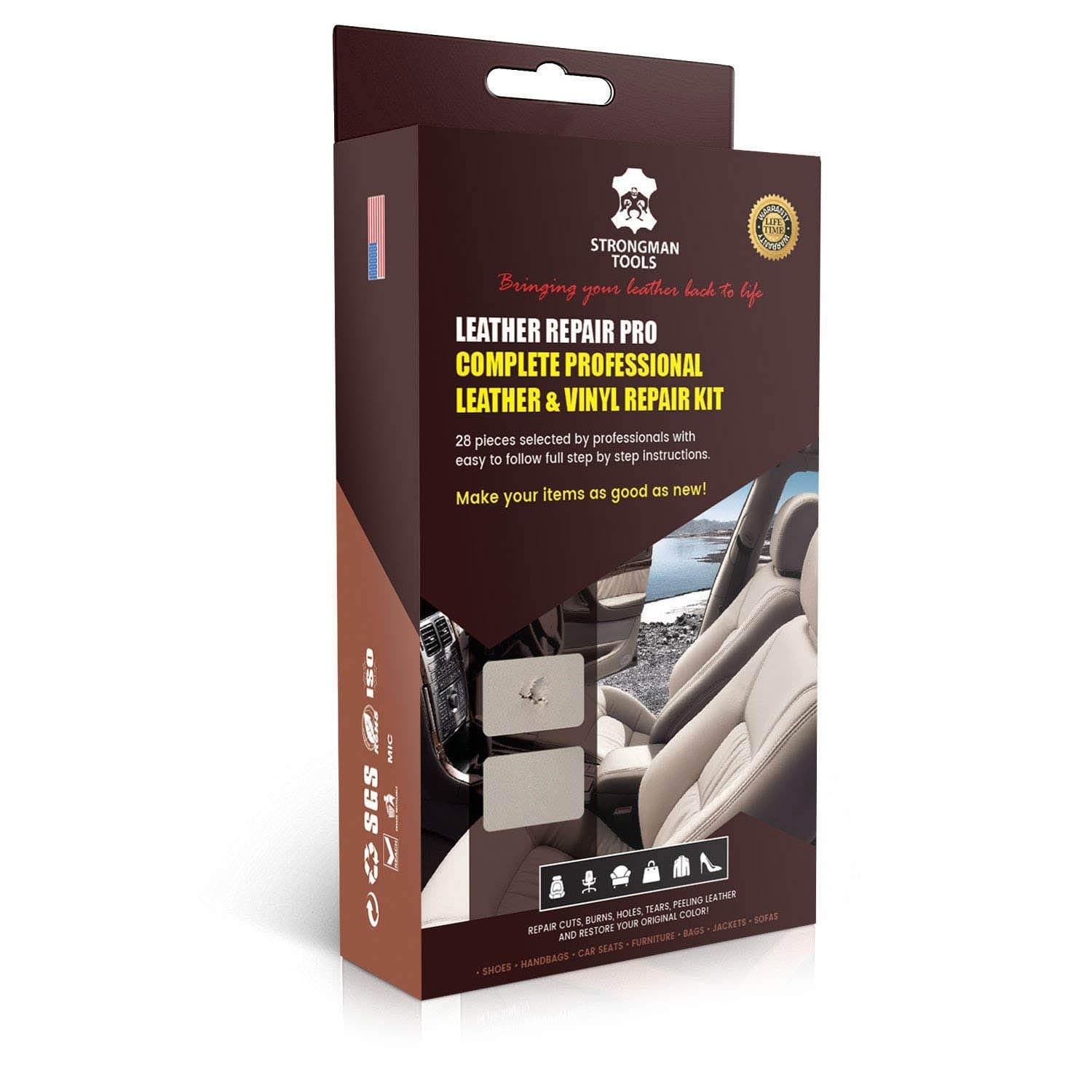 Strongman Tools Leather & Vinyl Repair Kit, Restore Any Jacket, Sofa, Boat, Car Seat, Wheel, Super Easy Instructions to Match Any Color, Use on Any Material, Bonded, Italian, Pleather, Genuine.