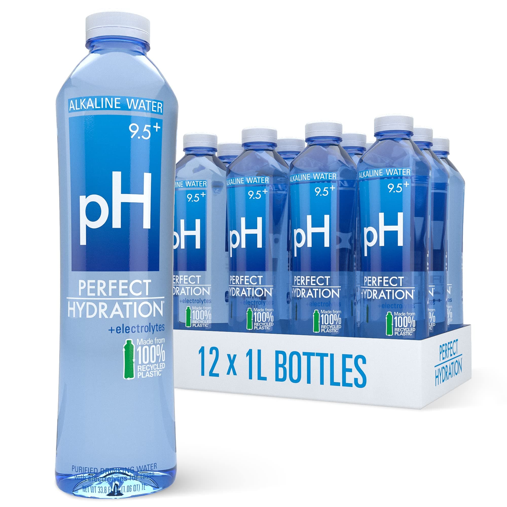 9.5+ pH Alkaline Drinking Water | 100% Recycled Bottles | Electrolyte Minerals for Taste | 12 pack - 1 Liter (33.8 oz)