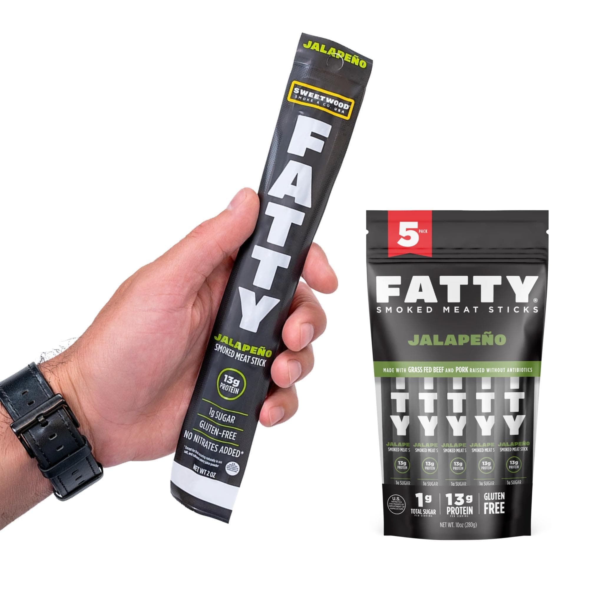 FATTY Meat Sticks, Made with Grass Fed Beef, Pork Raised Without Antibiotics, 13g Protein Per Stick, Jalapeno, 2 oz. (Pack of 5)