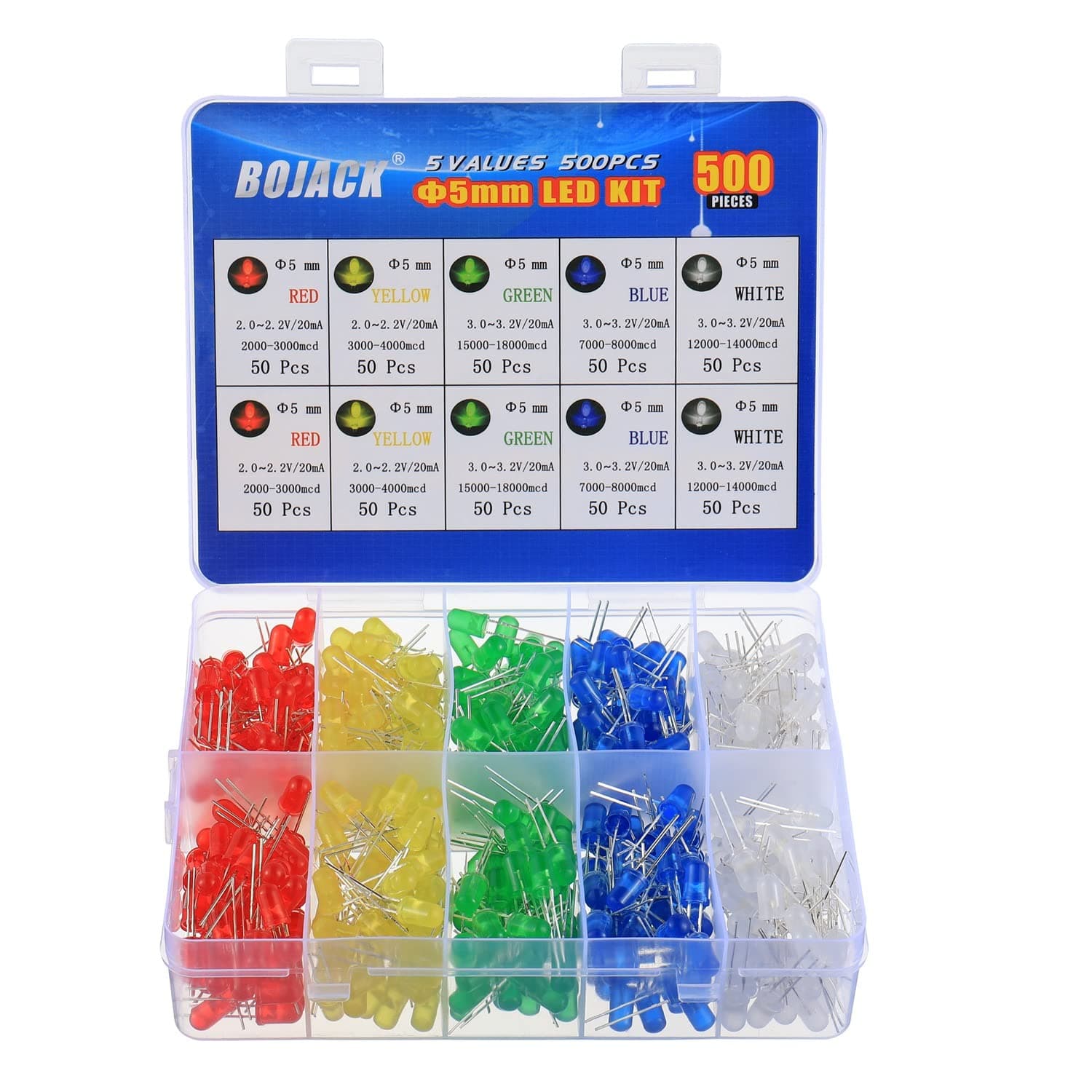 BOJACK 5 Colors 500 pcs 5mm LED Diode Lights Assored Kit Pack Bright Lighting Bulb Lamps Electronics Components 5 mm Light Emitting Diodes Parts