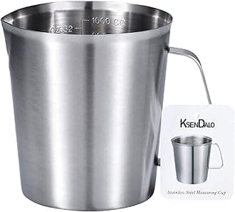 KSENDALO 32Oz/4Cup Stainless Steel Pitcher (SUS304), 1 Liter Metal Container for Water, Milk, Liquid with Handle with Engraved Markings, Silver