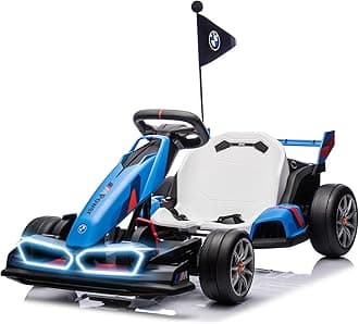 Licensed BMW Electric Go Kart, 36V Drift Kart with 600W Motor, Outdoor Driftable Kids Race Pedal Go Karting Car w/Adjustable Seat, Lights, for 6 Years Old, Blue