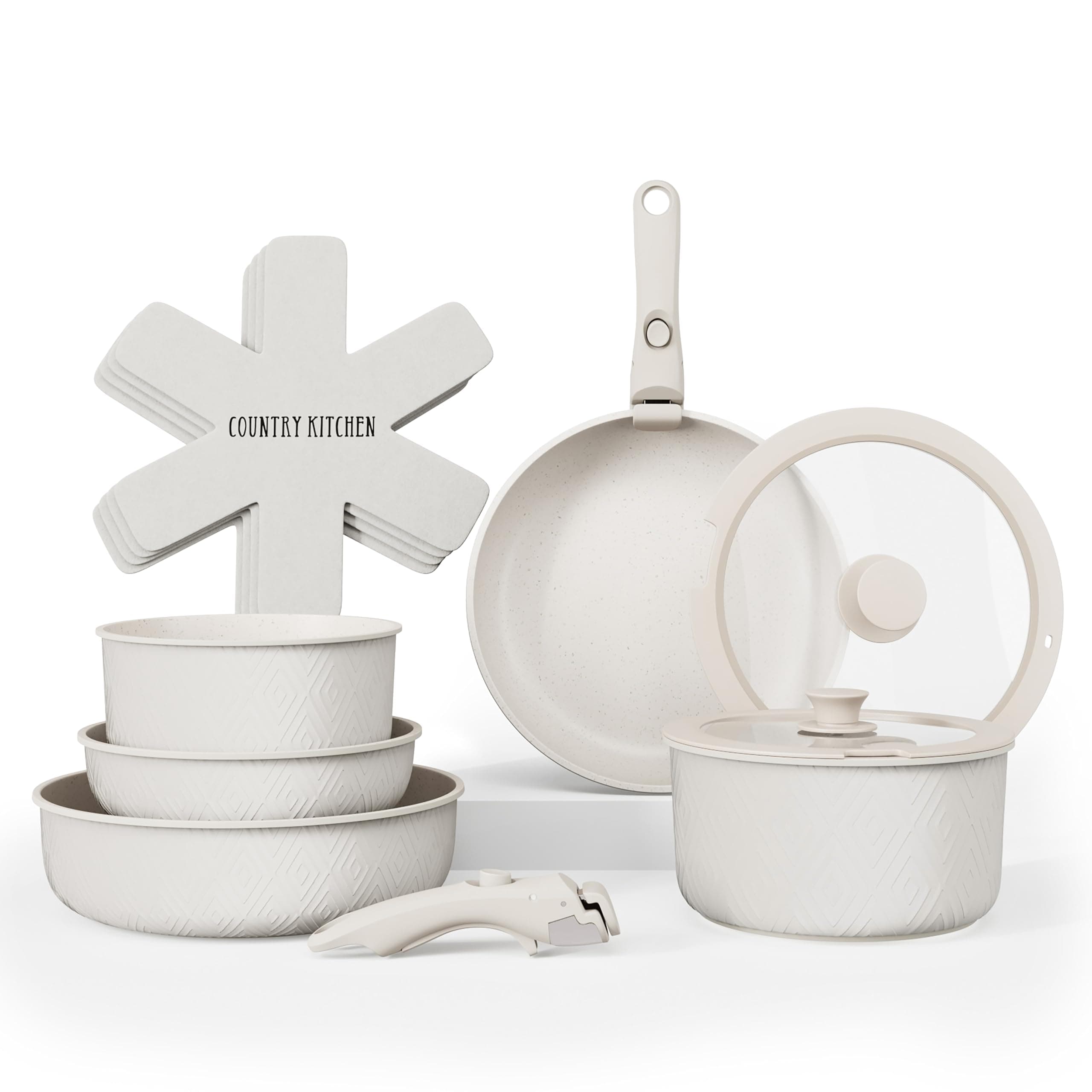 Cookware Set with Removable Handle, Oven & RV Safe Pots and Pans Set, Cream Rhombus, Original