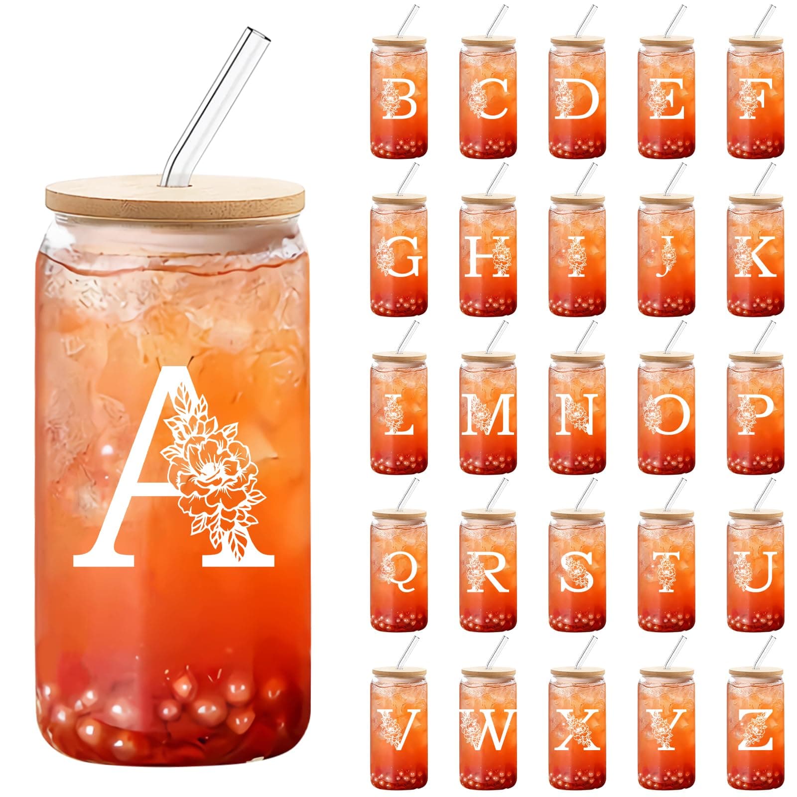 DETENE 18 OZ Personalized Glass Cups Initial Glass Customized Gift Clear Bamboo Glass Cups with Lid Straws Monogrammed Initials Gifts for Women and Men for Birthday Christmas Birthday Gifts (A)
