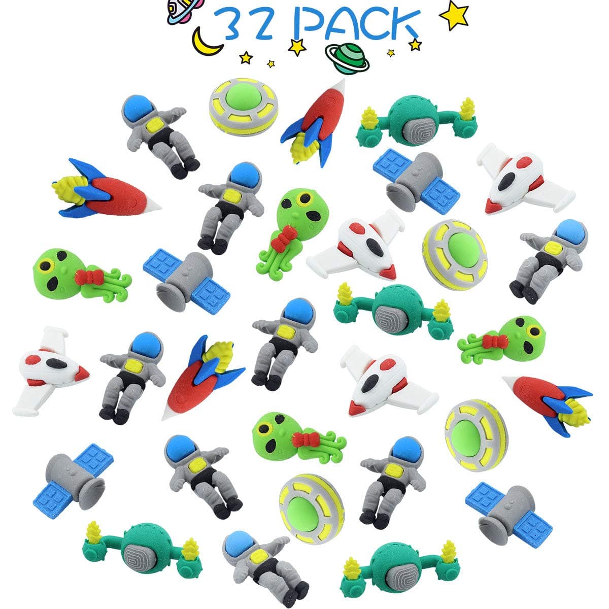 GeeVen 32 PCs Pencil Erasers Outer Space Erasers Puzzle Erasers for Kids Party Favors Supplies