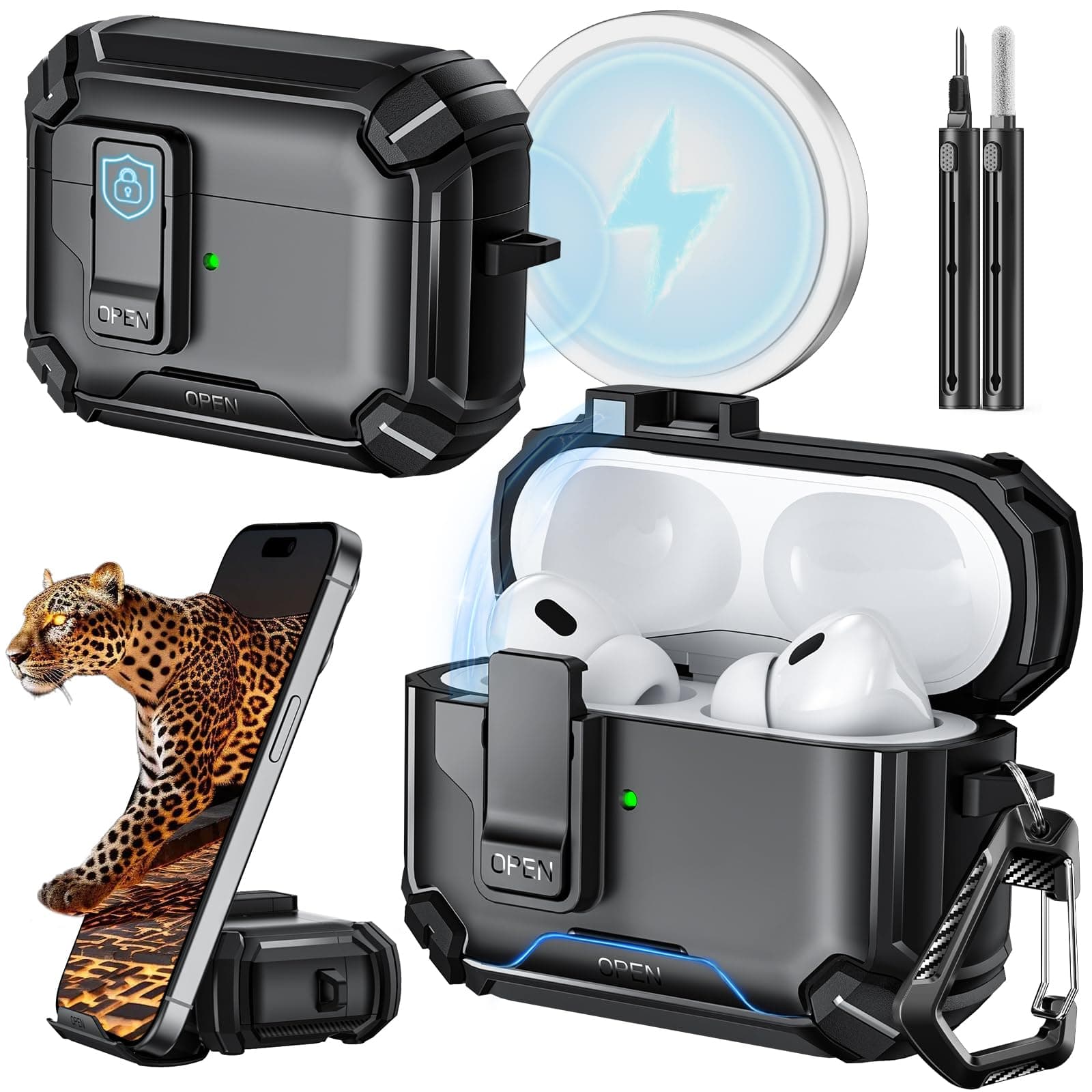 Inesore Compatible with AirPods Pro 2nd/1st Generation Case Cover with Phone Stand & Cleaning Kit,Compatible with Magsafe,Magnetic Automatic Lock for iPod Pro Charging Case(USB-C/Lightning Cable)