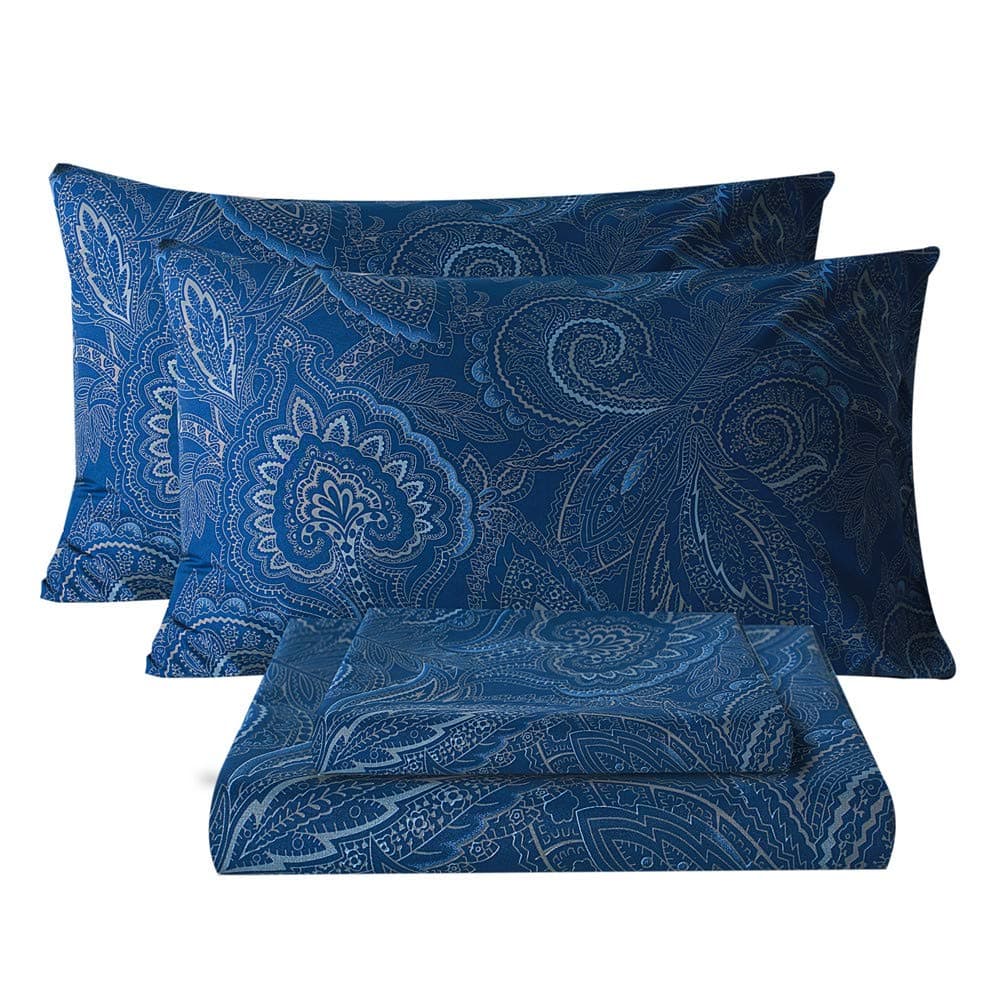 Full Sheet Set Ultra Soft, Breathable, Silky Flower Deep Pocket 100% Microfiber Bedding, 4 Piece Full Size Paisley Dark Navy Blue