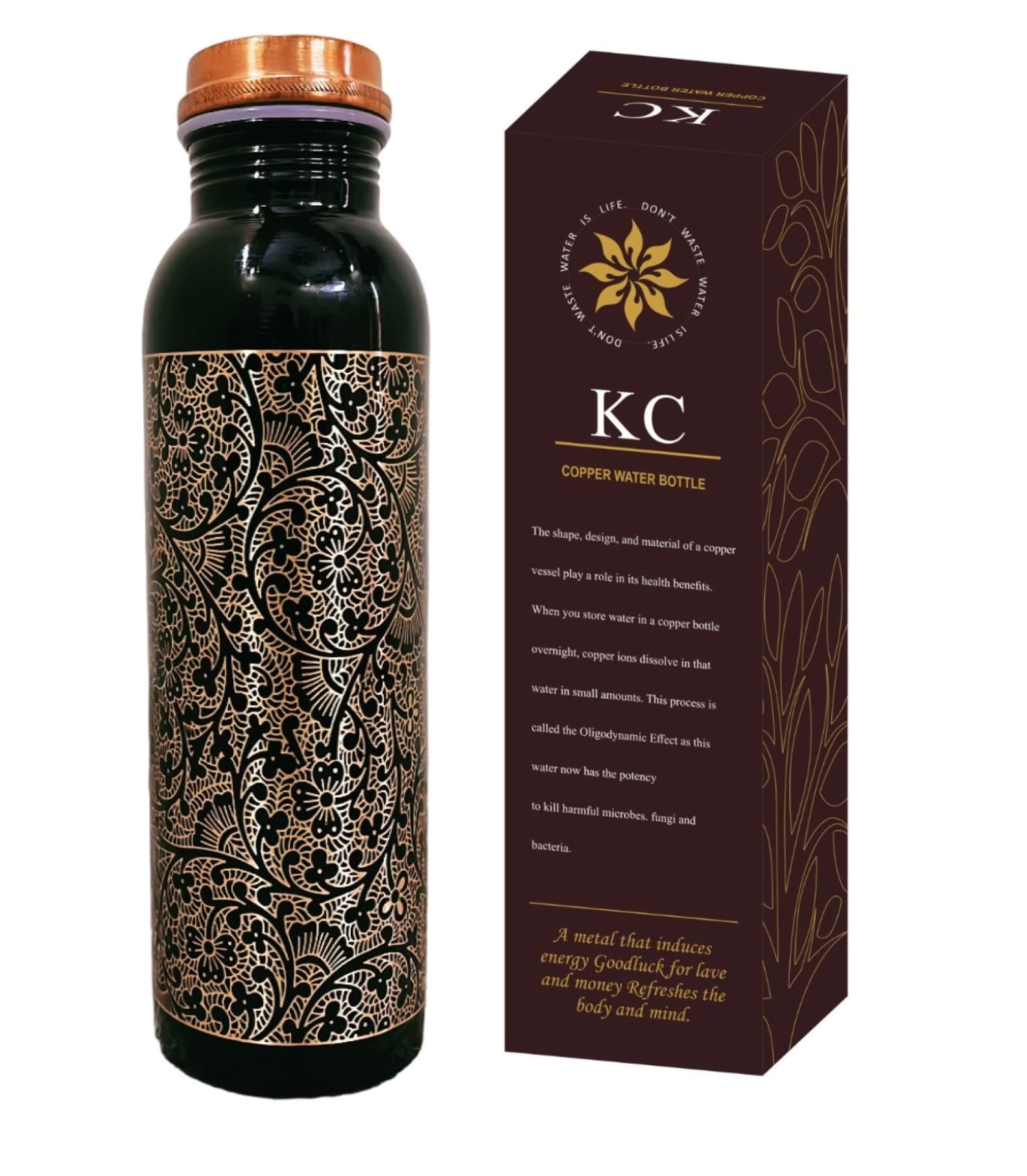 KC Pure Designer Water Bottle With Advanced Leak Proof Protection And Joint Less, Ayurveda And Yoga Health Benefits. (1000Ml, Pack Of 1Unit) With Antique Look Standard Copper