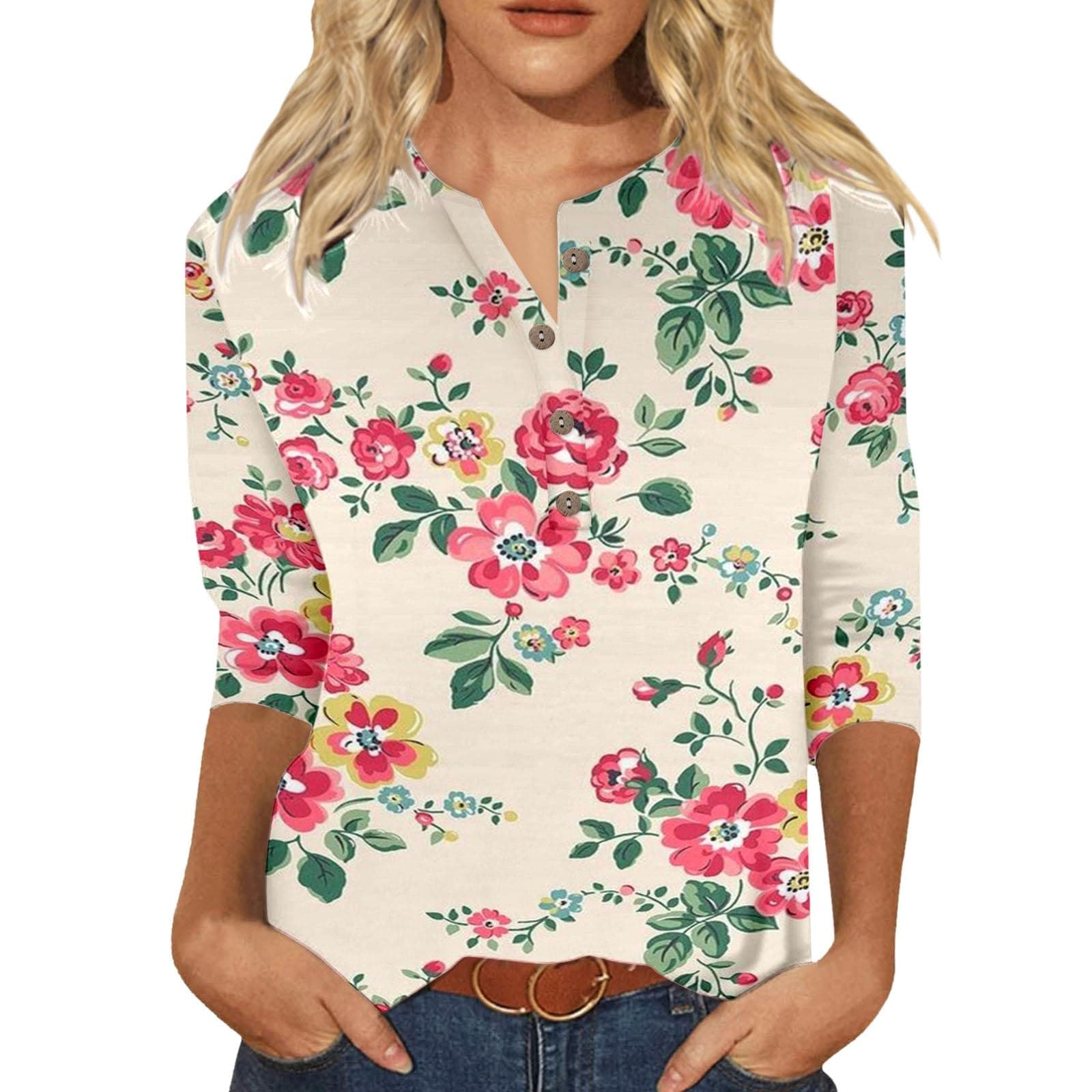 GenericWomen Casual V Neck Colorful Gradient Geometric Print Button Three Quarter Sleeve T Shirt Quarter Sleeve Shirt Women Lady Top