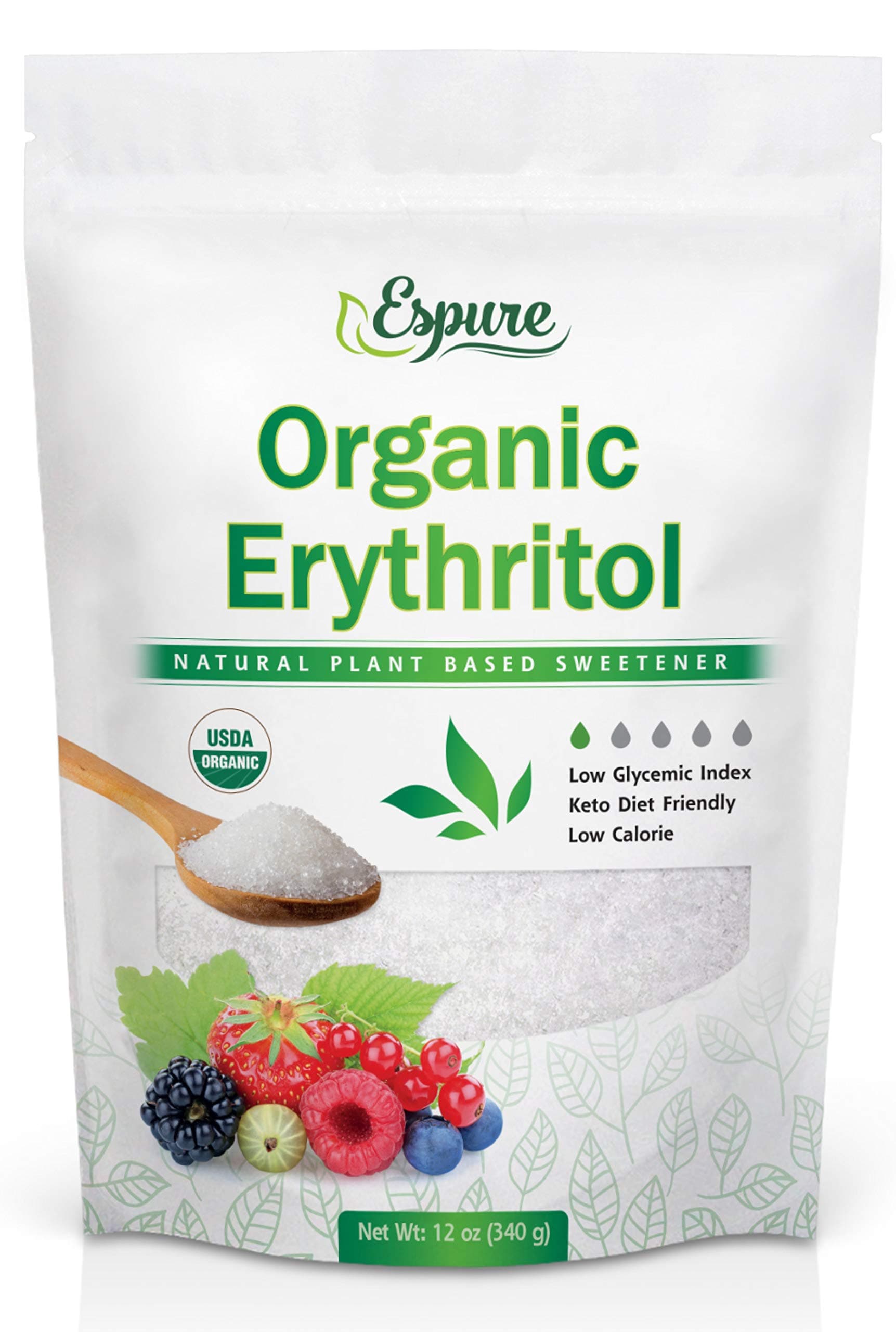 Espure Organic Erythritol - USDA Certified & 100% Pure - Zero Calorie Sugar Substitute, Plant Based Sweetener; 12oz
