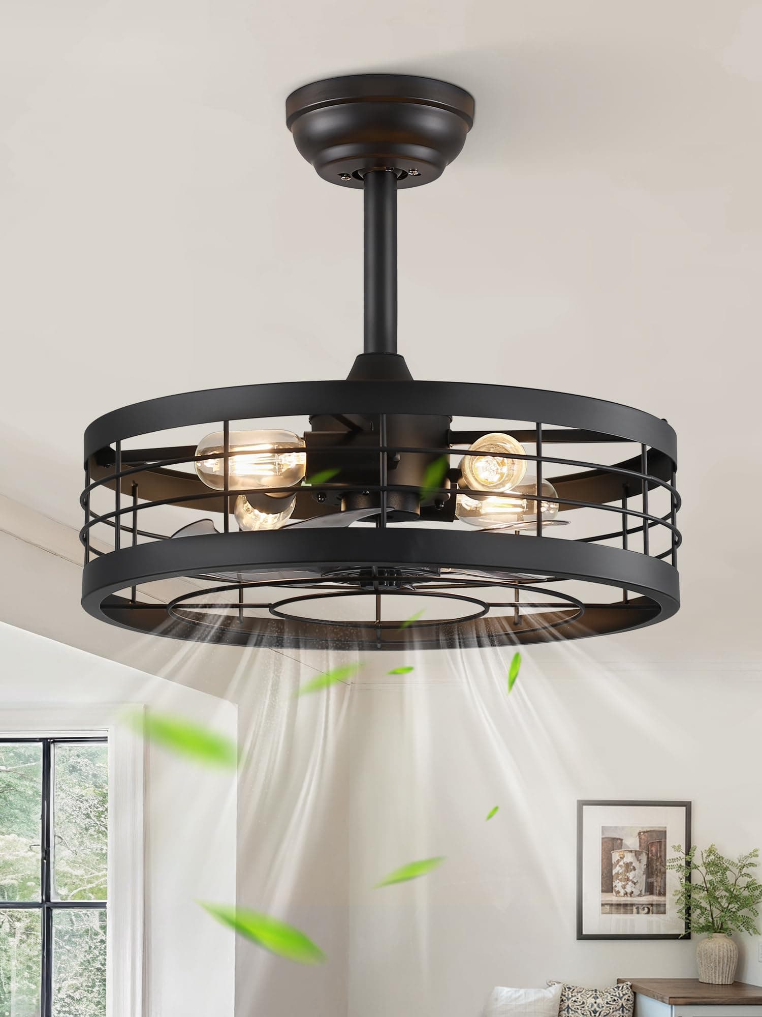 LEDIARY 18 inch Black Caged Ceiling Fan with Light, Bladeless Industrial Ceiling Fan with Remote, Farmhouse Fan Lights Ceiling Fixtures for Kitchen, Bedroom, Outdoor（6 Speed, Timing）-Black