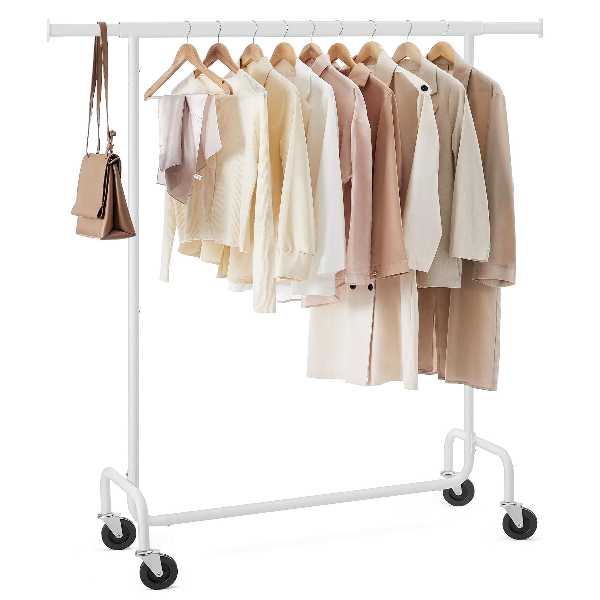 SONGMICS Clothes Rack with Wheels, Heavy-Duty Garment Rack with Extendable Hanging Rod, 286.6 lb Load Capacity, 17.7 x (43.3-59.1) x 64.1 Inches, Chrome-Plated, Matte White UHSR011W01