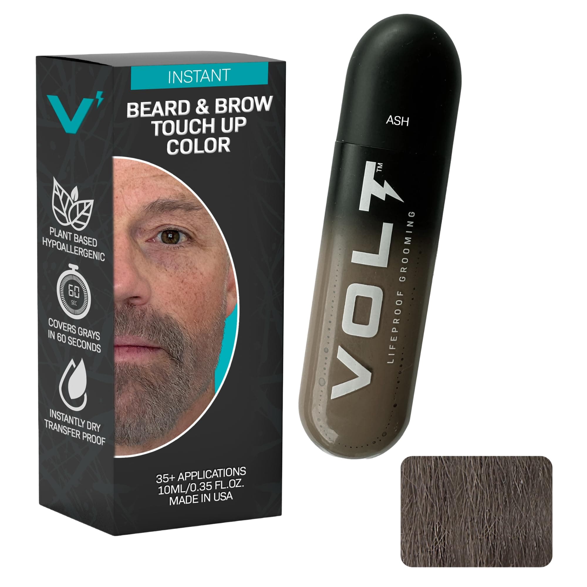 VOLT Grooming Instant Beard Color Single Pack - Smudge and Water Resistant Quick Drying Brush on Color for Beards, Mustaches & Eyebrows - 0.35 Fl Oz (10 ml), Ash (Gray/Brown)