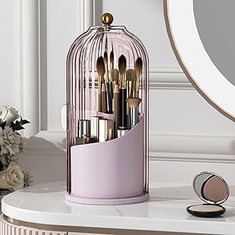 YOOLENS Makeup Brush Holder with Lid 360 Rotating Clear Dustproof Make Up Organizers for Vanity Bathroom Countertop, Pink