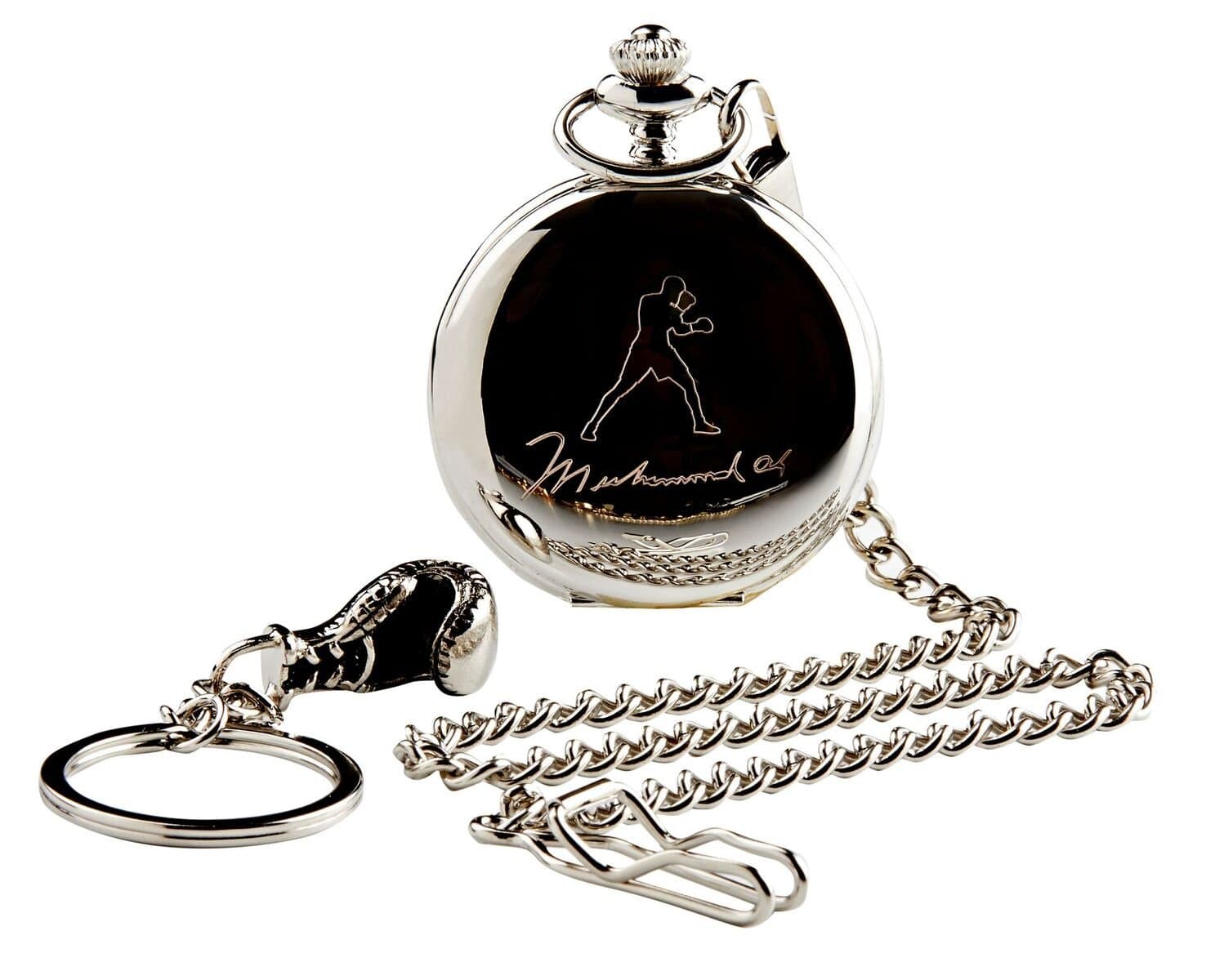 Mike Tyson Pocket Watch Silver Plated Signed Autographed and Boxing Glove Keyring Keychain in Wooden Gift Case Collectors for Boxing Fans