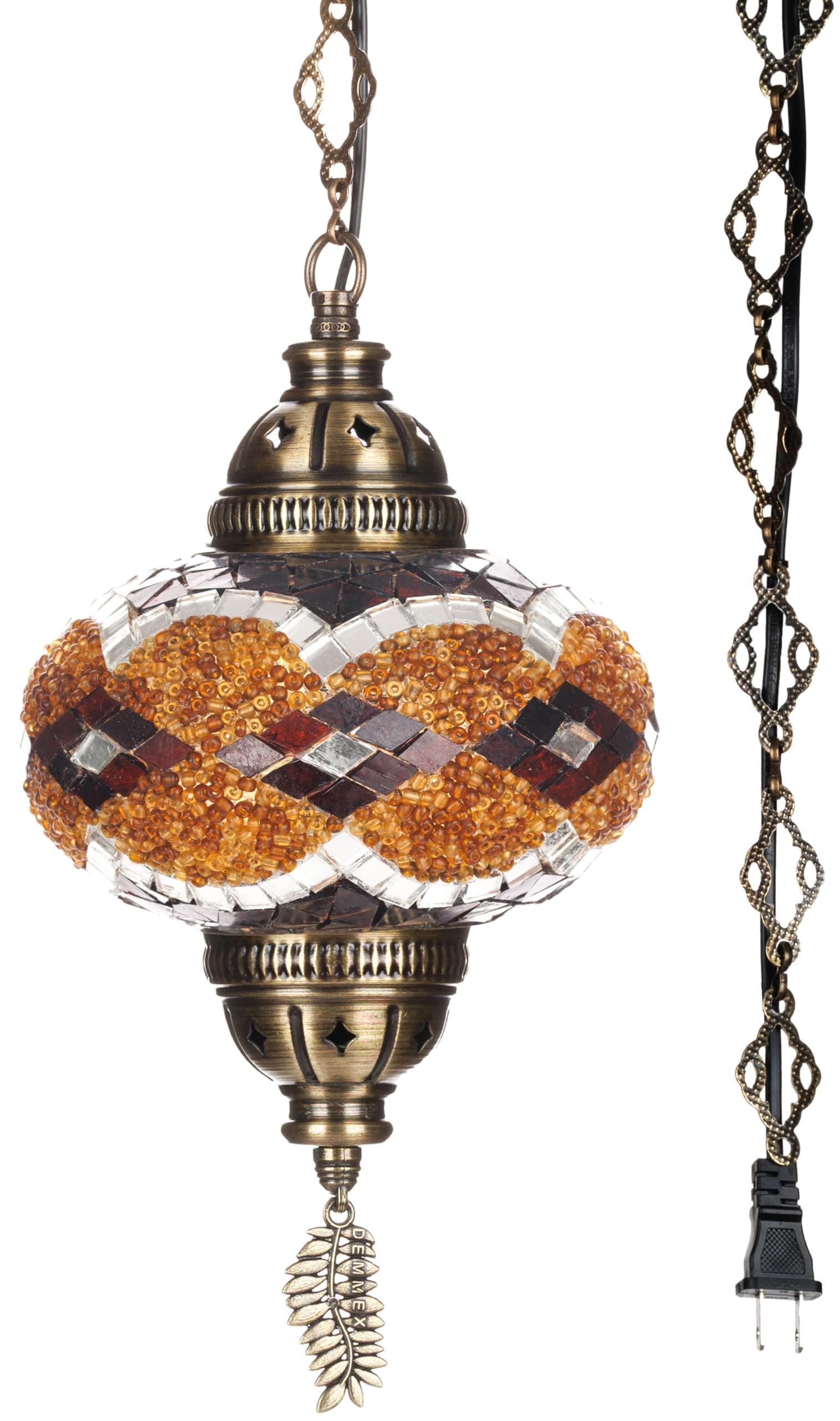 DEMMEX Plug-in Turkish Moroccan Mosaic Hanging Pendant Ceiling Light – Swag Lamp Fixture with 15ft Cord & Chain, Handcrafted Glass, Tiffany Style, Mediterranean Decor (Brown-Black)