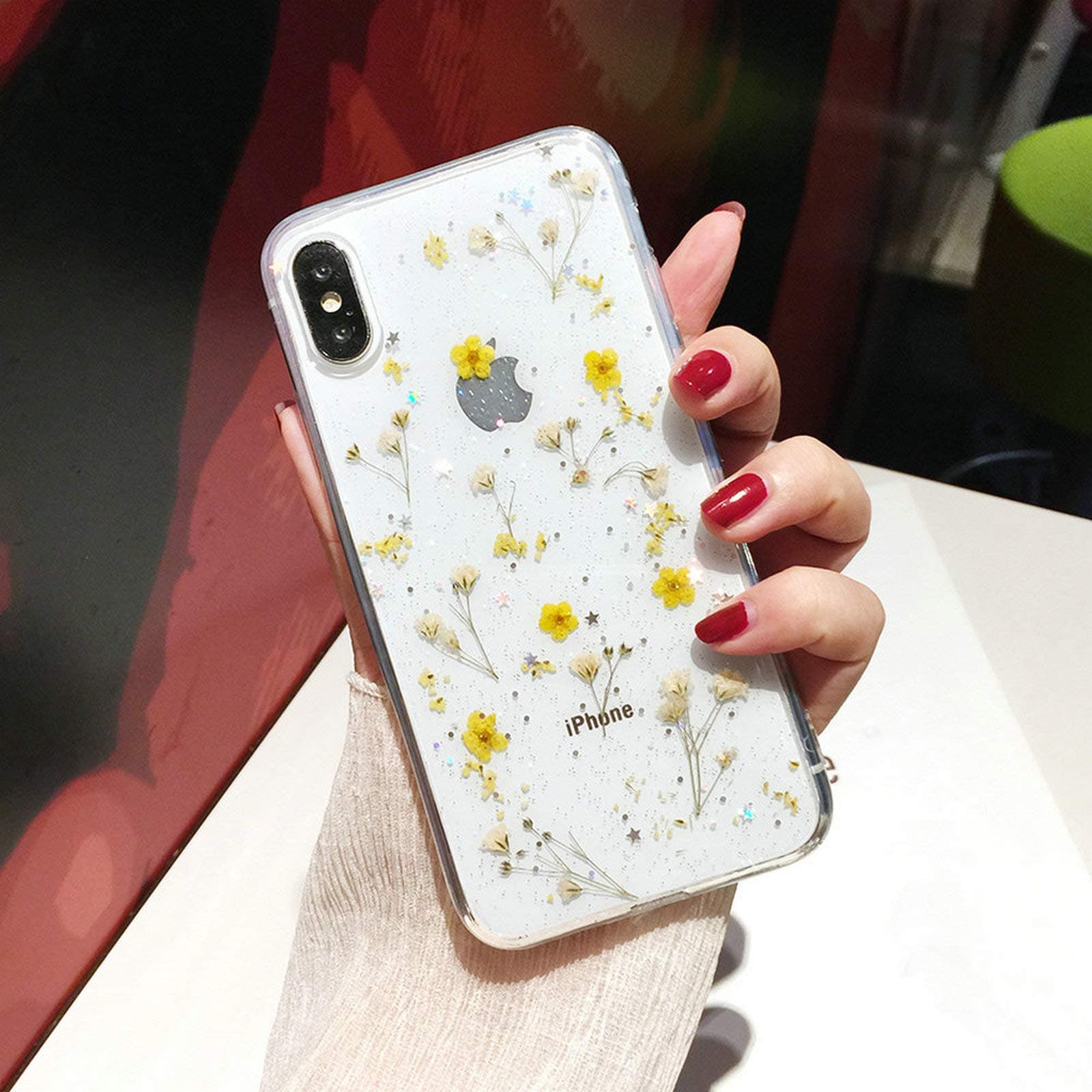 Shinymore iPhone 11 Pro Flower Case, Soft Clear Flexible Rubber Pressed Dry Real Flowers Case Girls Glitter Floral Cover for iPhone 11 Pro-Yellow