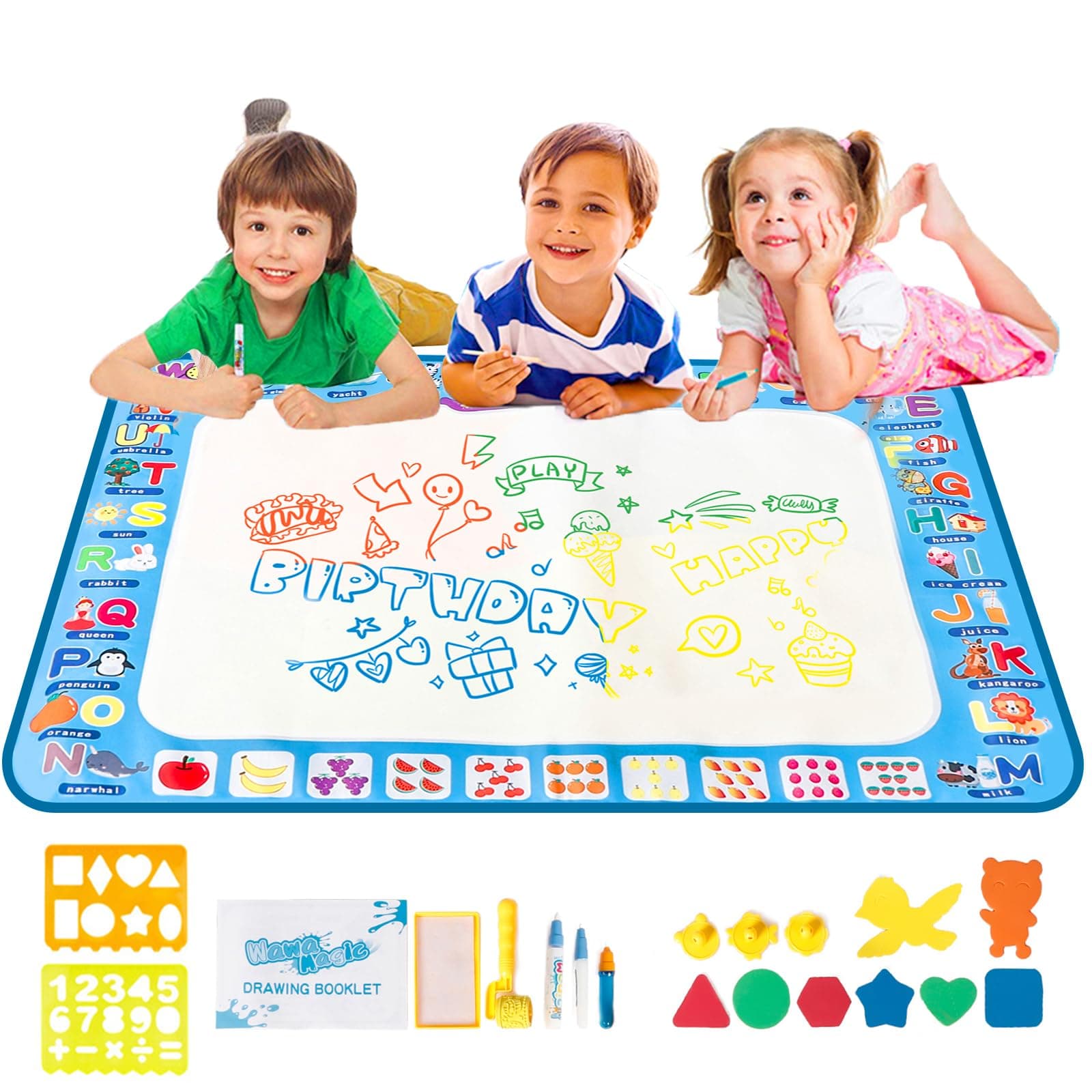 YEEGO DIRECT Doodle Drawing Mat, Water Doodle Mat Aqua Coloring Mat Extra Large 40X28 inch 5 Magic Water Pens and 8 Molds 4 Template No Mess Doodle Gift for Boy Girl