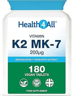 Health4All Natural Vitamin K2 MK7 200mcg from Natto, 180 Tablets 6 Months Supply, All-Trans MK-7 from Beans Fermentation, High Strength VitK2 Vitamin Supplement, Vegan Menaquinone | Made in UK