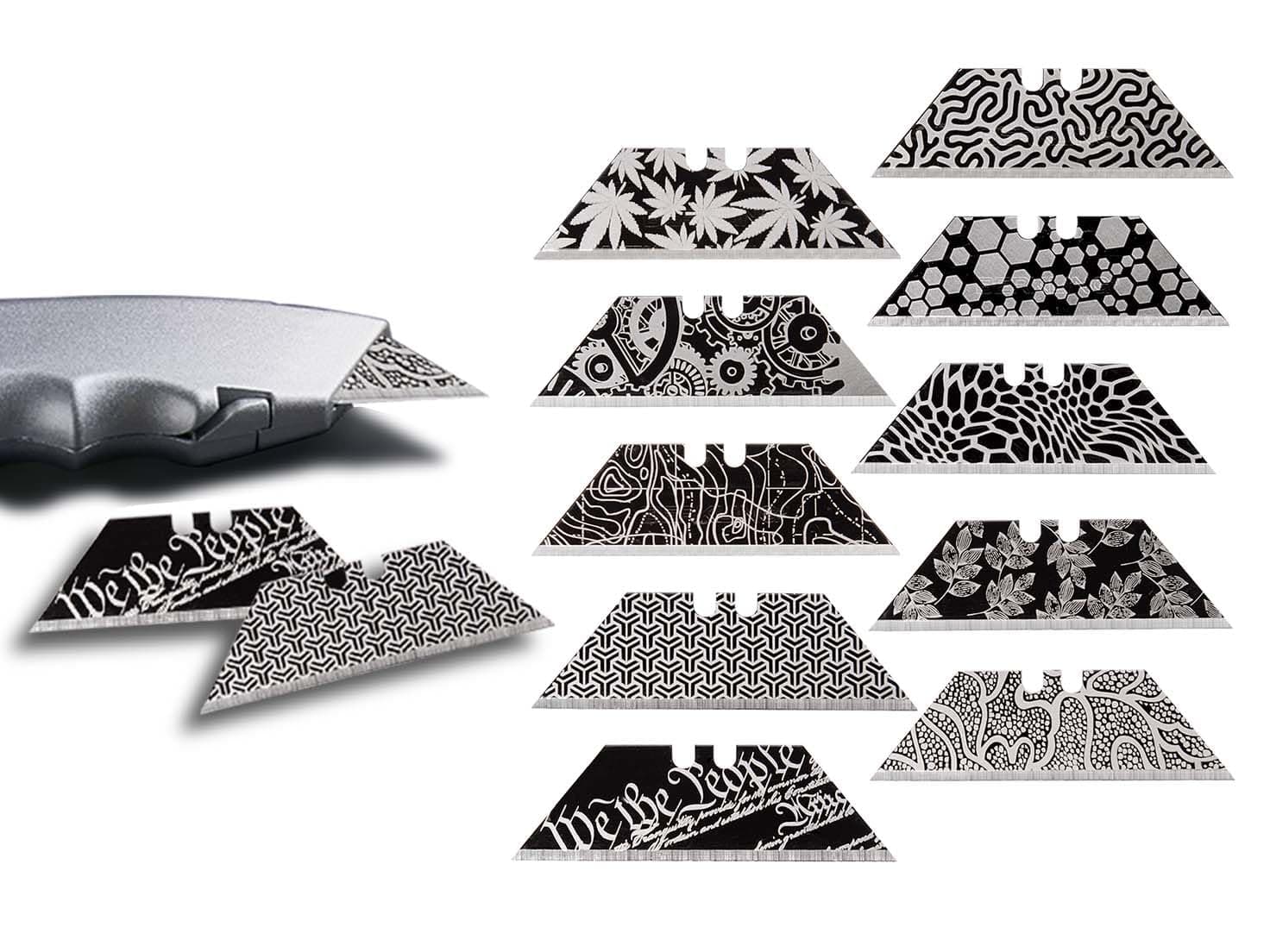 NDZ Performance Steel Blade Replacement for Utility Knife & Box Cutters, Custom Razor Blade, Double Sided Laser Engraved Designs, Black - Steam Punk, Three Pack