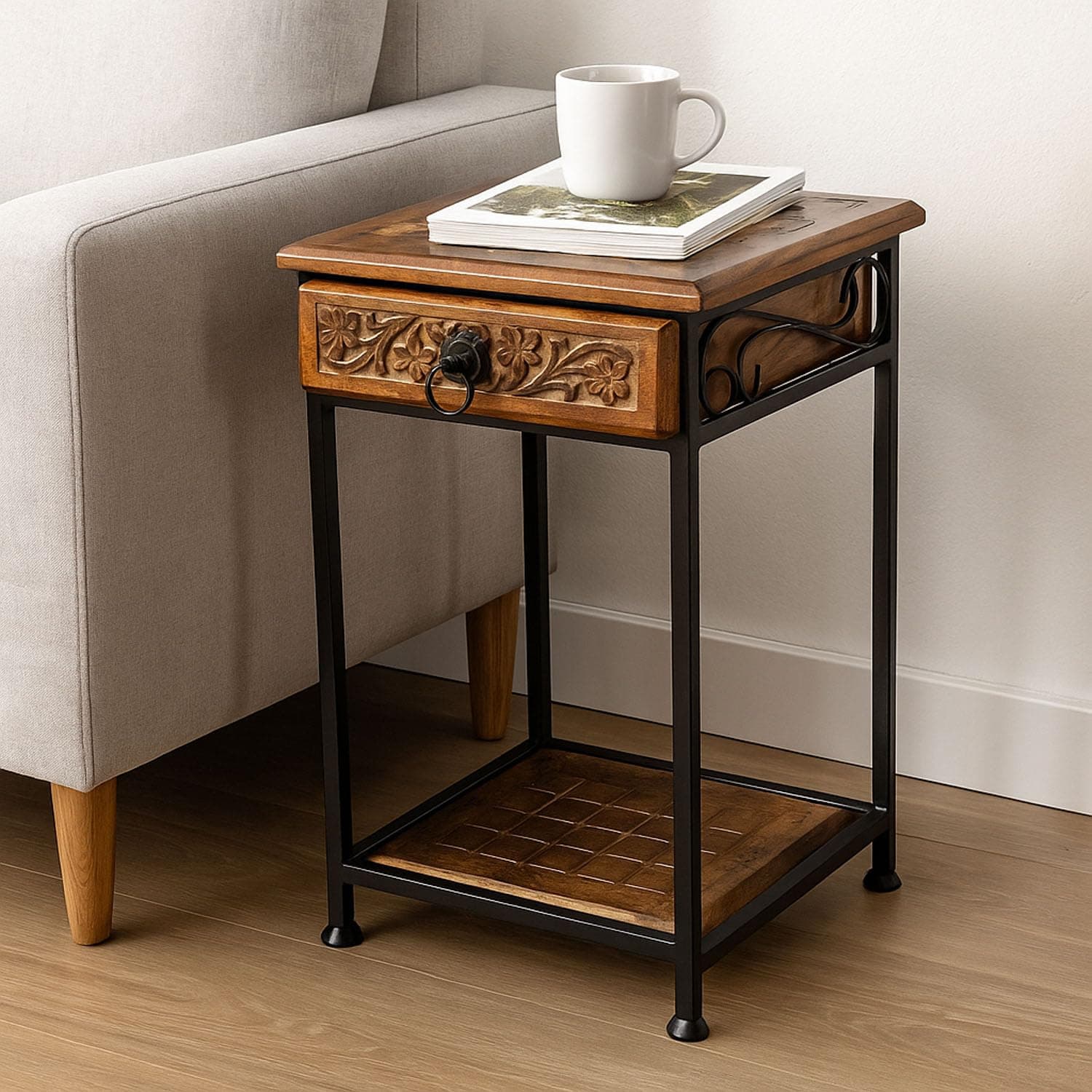 Wooden Side Table with Iron Frame and Walnut Finish Stylish Storage Table with Drawer and Bottom Rack for Living Room Bedroom and Home Decor
