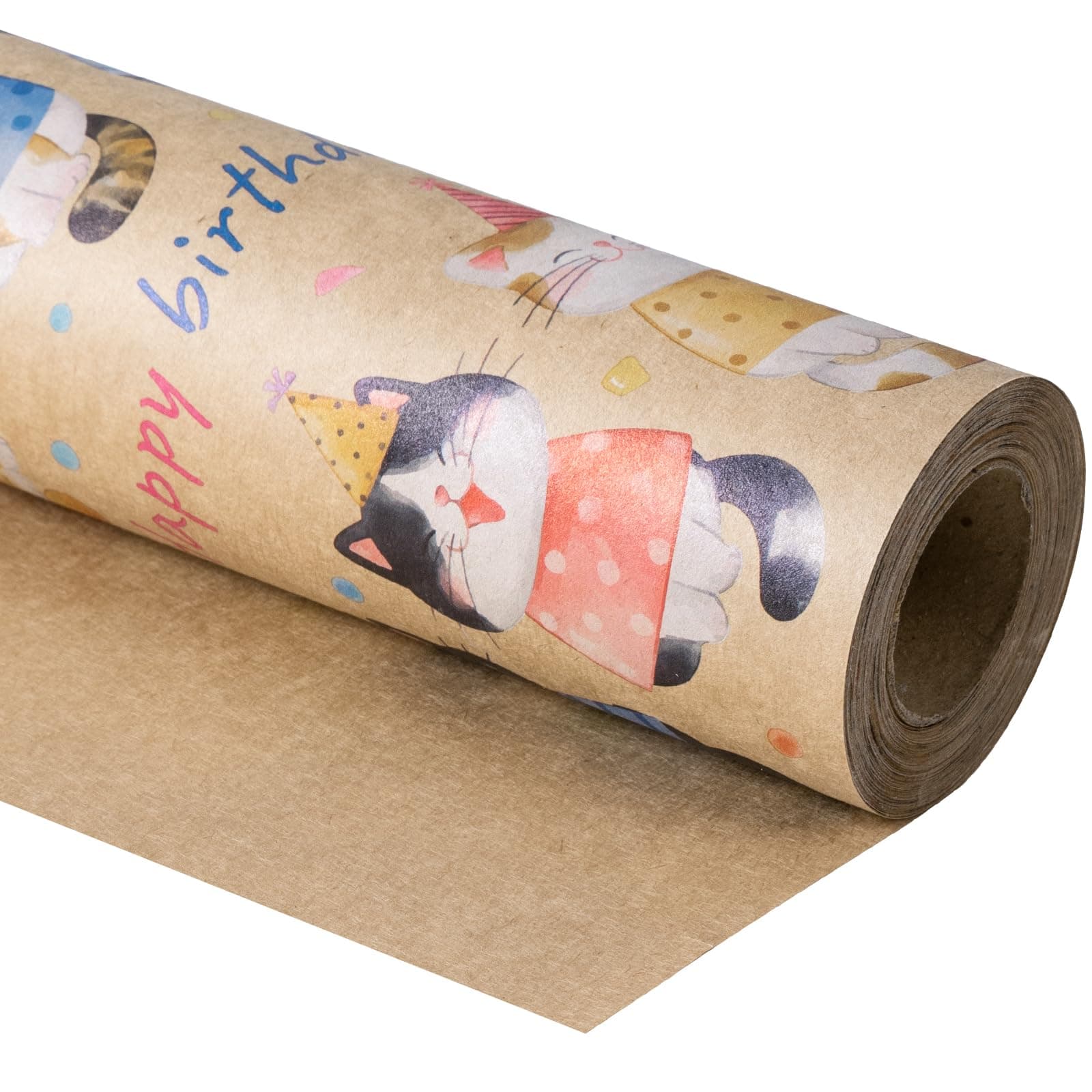 RUSPEPA Kraft Wrapping Paper Roll - Mini Roll - Birthday Cat Design Great for Birthday, Party, Baby Shower - 17 Inches X 32.8 Feet