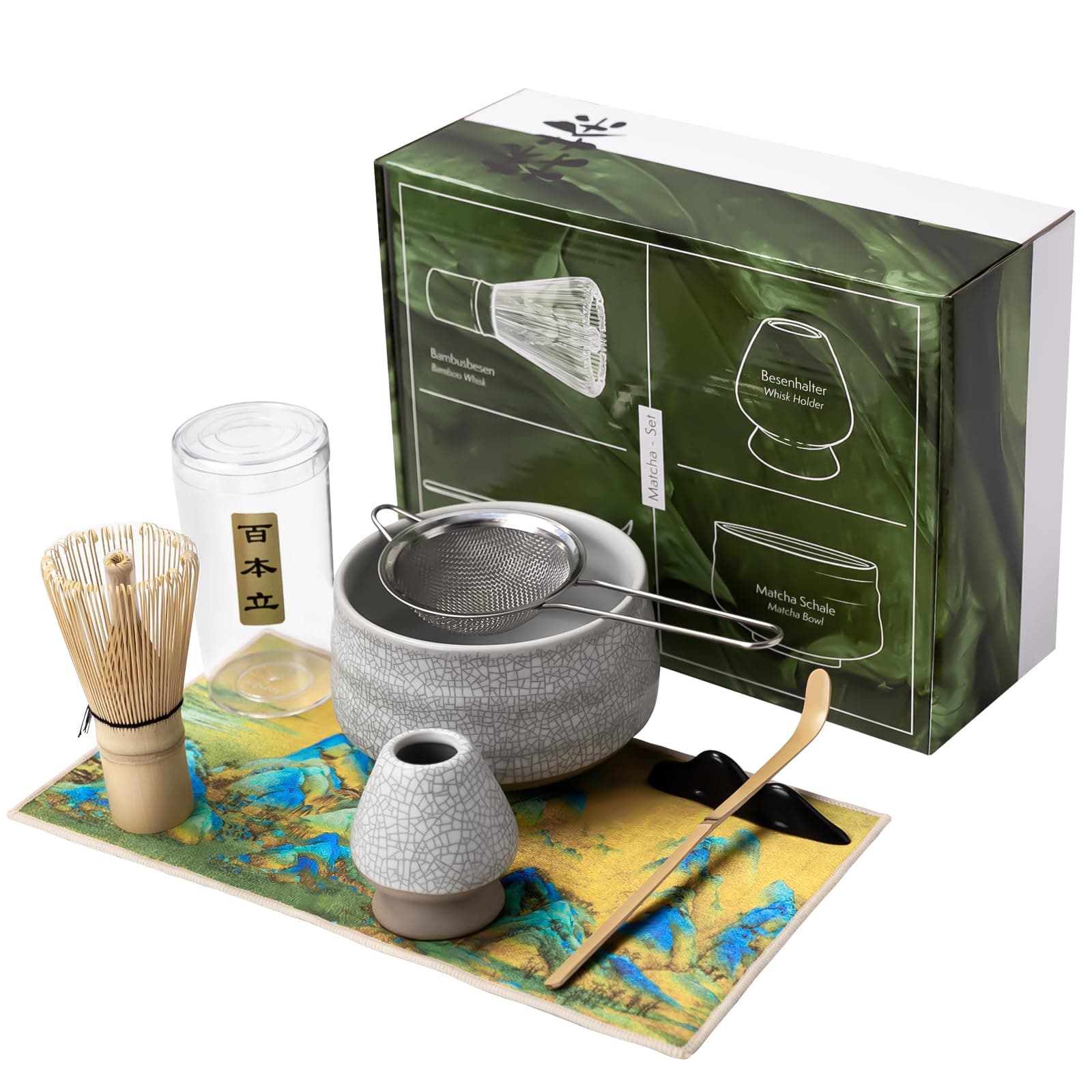 Japanese Matcha Tea Set, 7Pcs Matcha Whisk Set with Matcha Bowl, Matcha Bamboo Whisk, Scoop, Whisk Holder, Stainless Steel Tea Sifter, Tea Making Kit