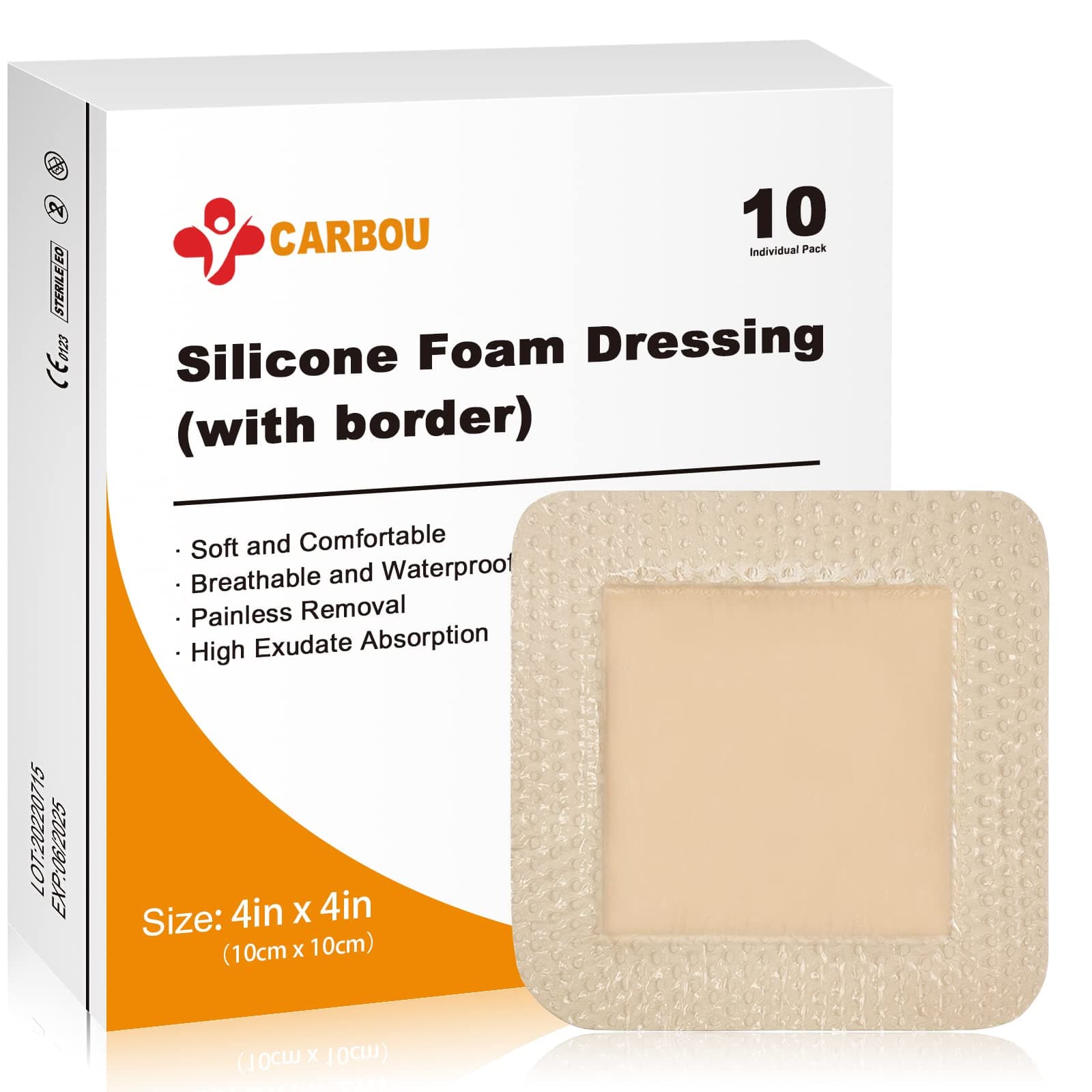 Carbou 10Pcs Silicone Foam Dressing 4"x 4"(10 cm x 10 cm) - with Border Adhesive Waterproof Central Ultra Absorbent-Foam (2.5" X 2.5") Square Dressing Waterproof Silicone Wound Bandage