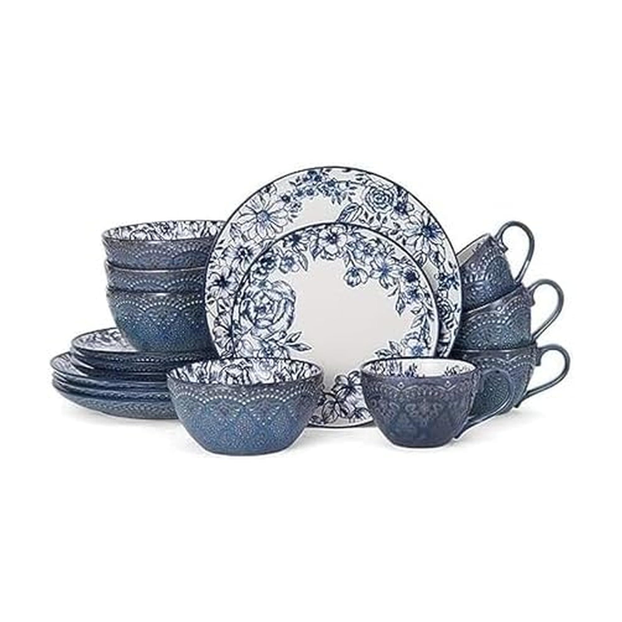 Pfaltzgraff Gabriela Blue 16-Piece Dinnerware Set, Service for 4, Durable Stoneware Plates, Bowls, and Mugs with Elegant Blue Pattern, Dishwasher Safe