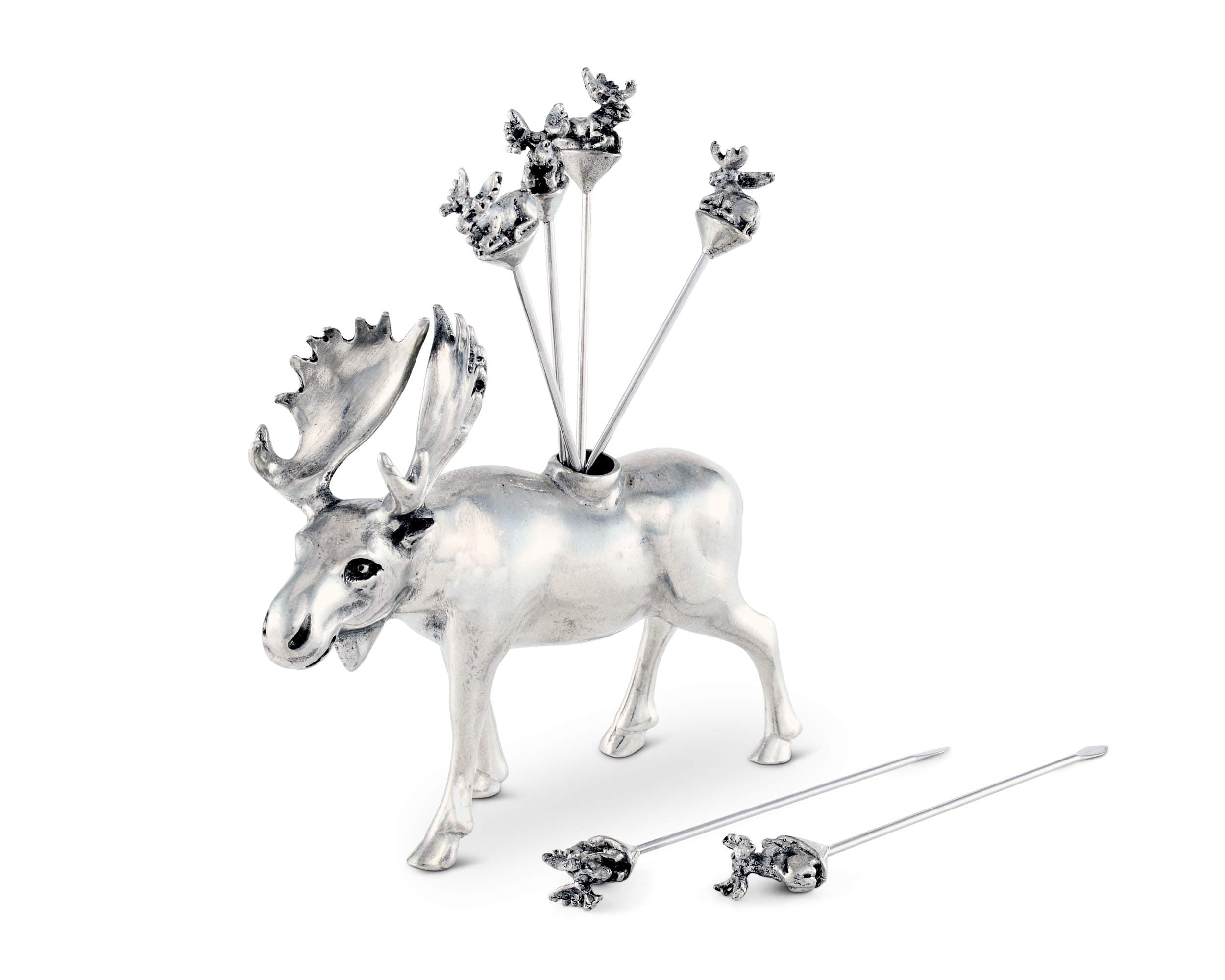Moose Cheese Pick Set Artisan Designed Handcrafted for Cabin Lodge Entertaining Cheese Martini Olive Cocktail Stainless Steel Skewer Fruit Toothpicks (Set of 6 picks) 4.25 inch Tall