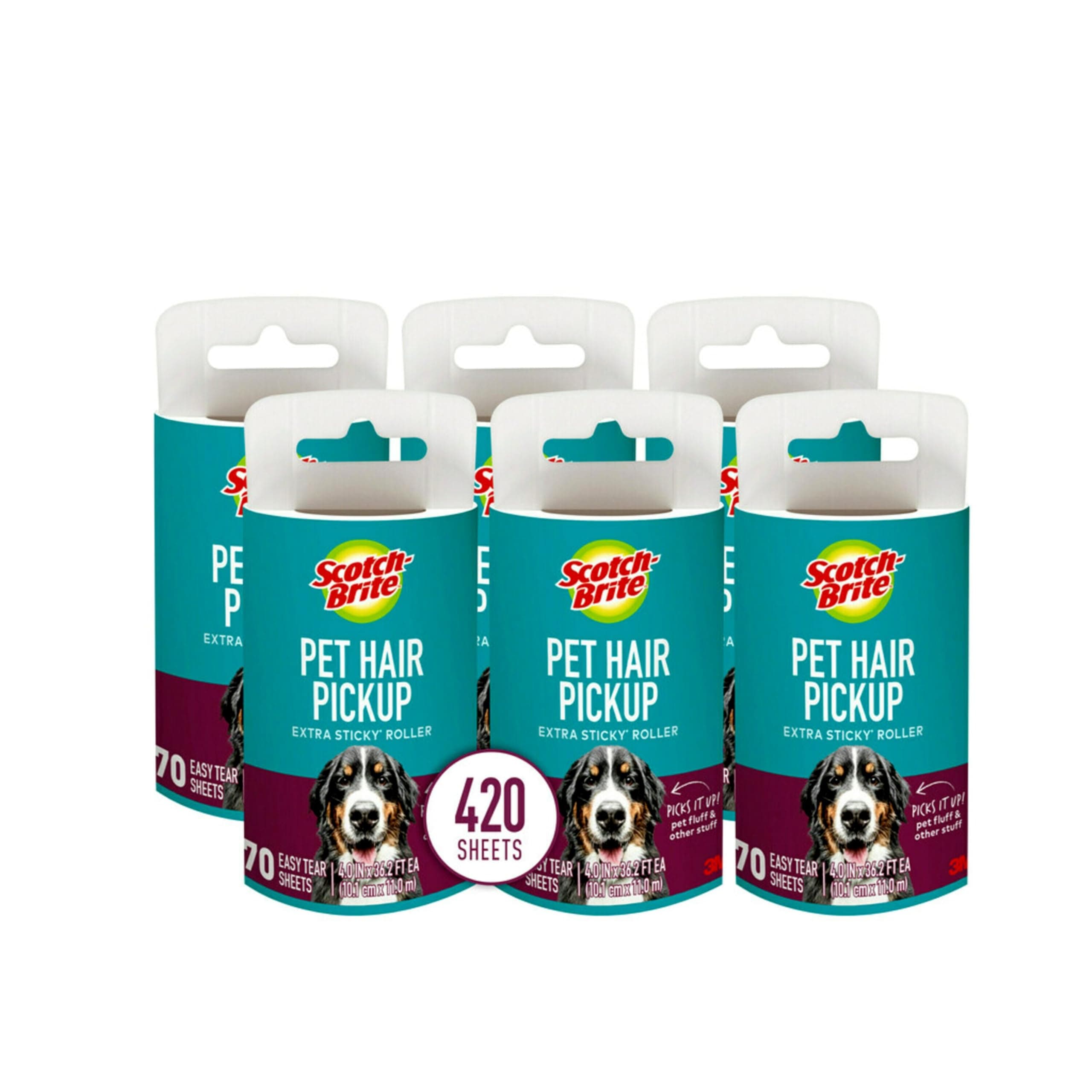 Scotch-Brite Pet Hair Pickup Extra Sticky Lint Roller, Designed for Removing Fur + Fluff on Couches, Clothes, Dog and Cat Beds, & More, 6 Pack, 420 Easy-Tear Adhesive Sheets Total