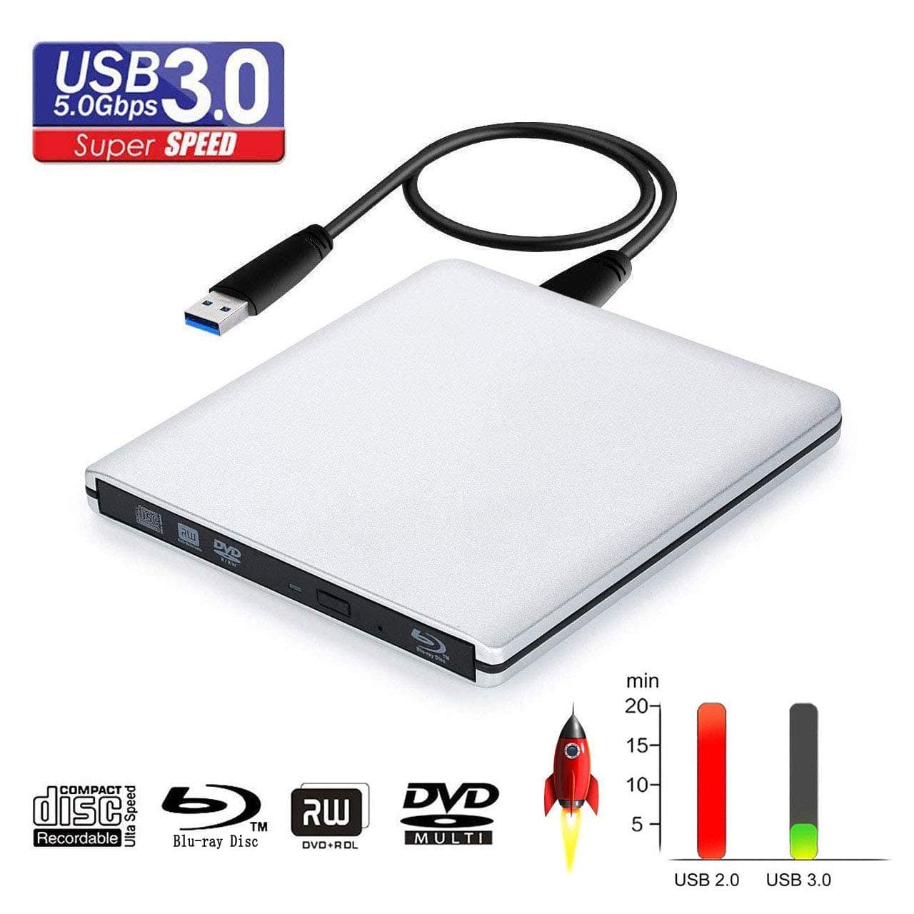 External Blu Ray DVD Drive , USB 3.0 Burner Slim Optical Portable Blu-ray CD DVD Reader Writer RW Player for Laptop Desktop MacBook OS Windows 7 8 10 PC iMac Laptop (Silver)