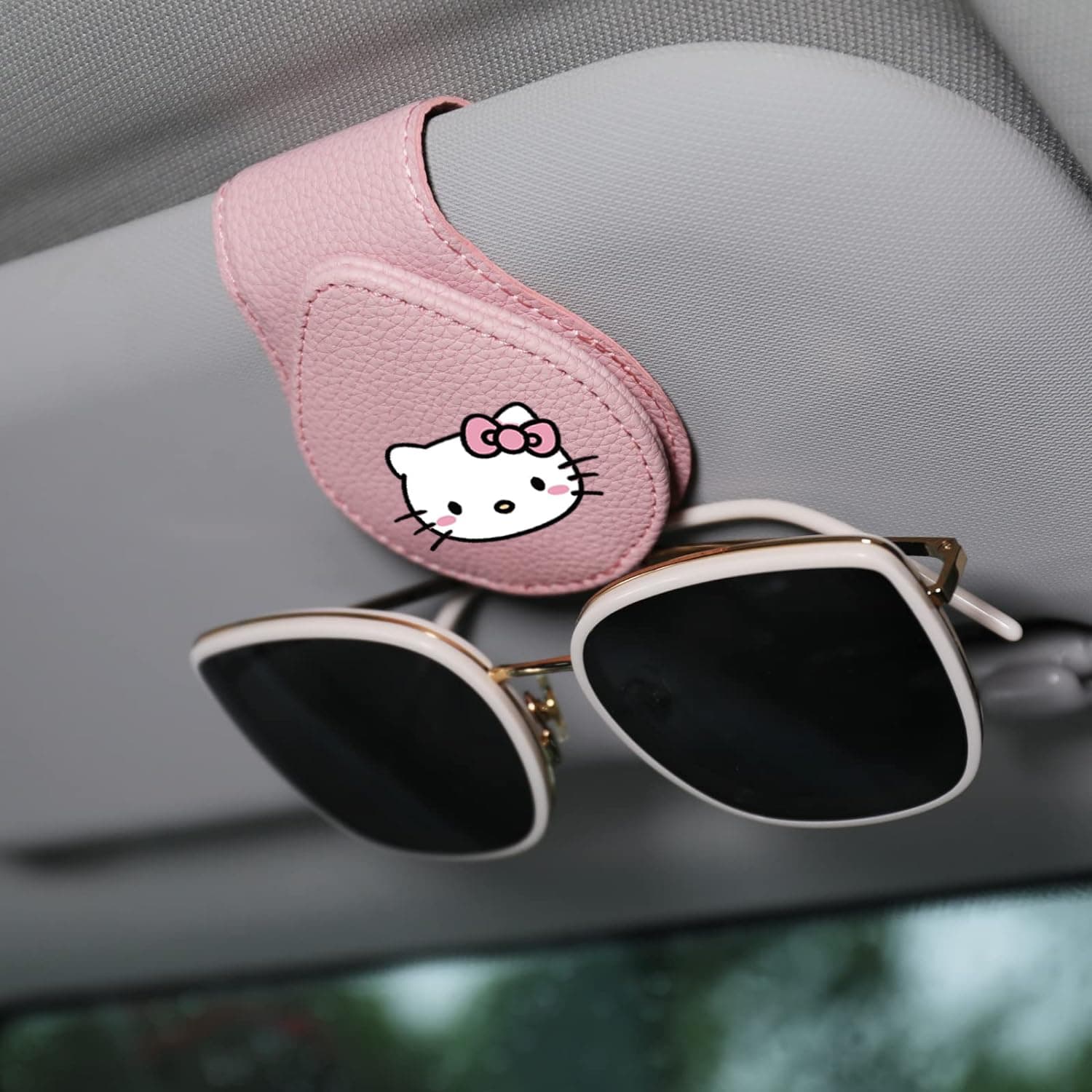 FLYEEGO Sunglass Holder for Car Visor, Hello Pink Cat Anime Cute Kitty Cat Kawaii Cartoon Magnet Sunglasses Holder for car, Leather Car Sunglass Holder, Visor Sunglass Holder with Glasses Cards