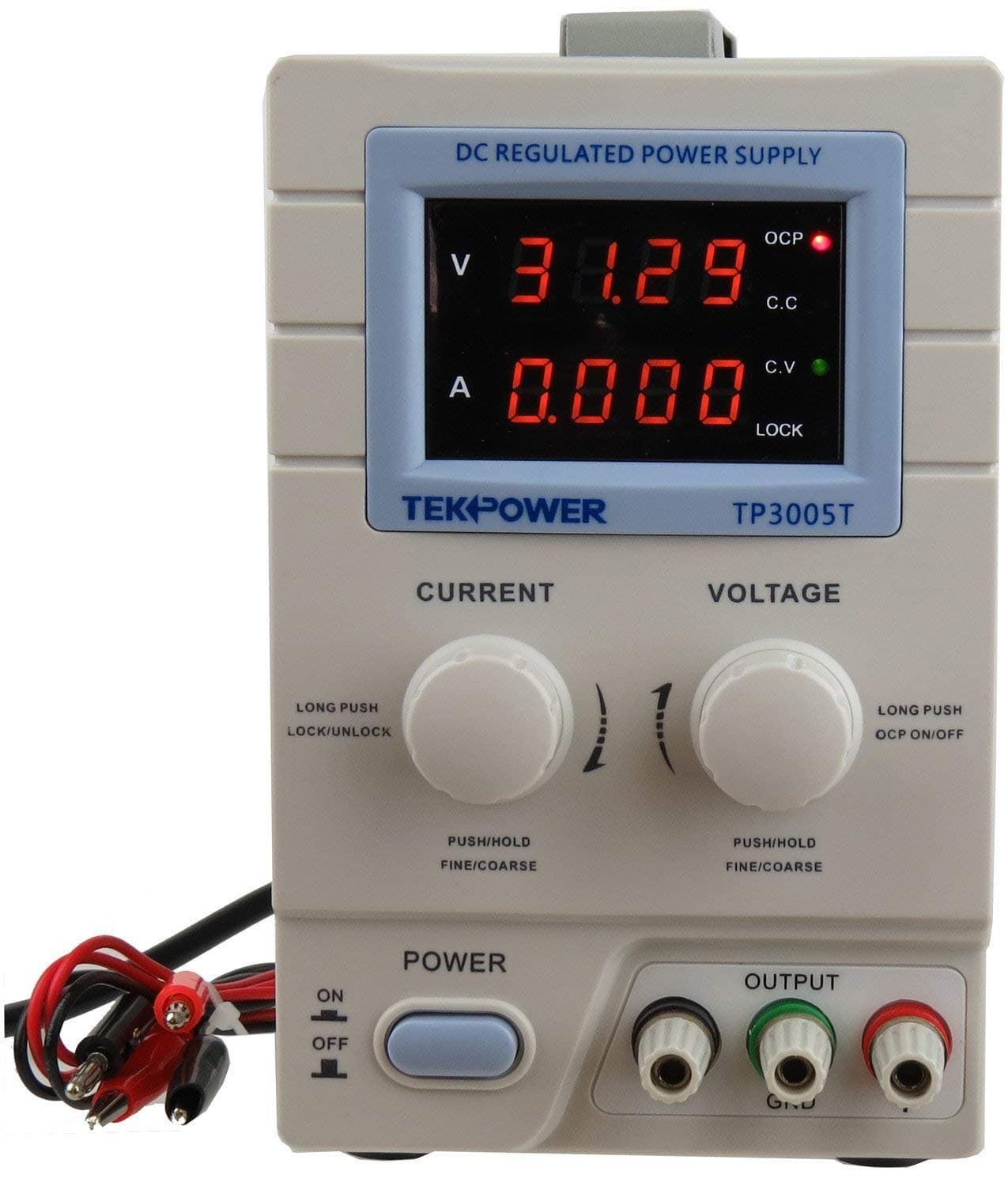 TP3005T Variable Linear DC Power Supply, 0-30V @ 0-5A with Alligator Test Leads
