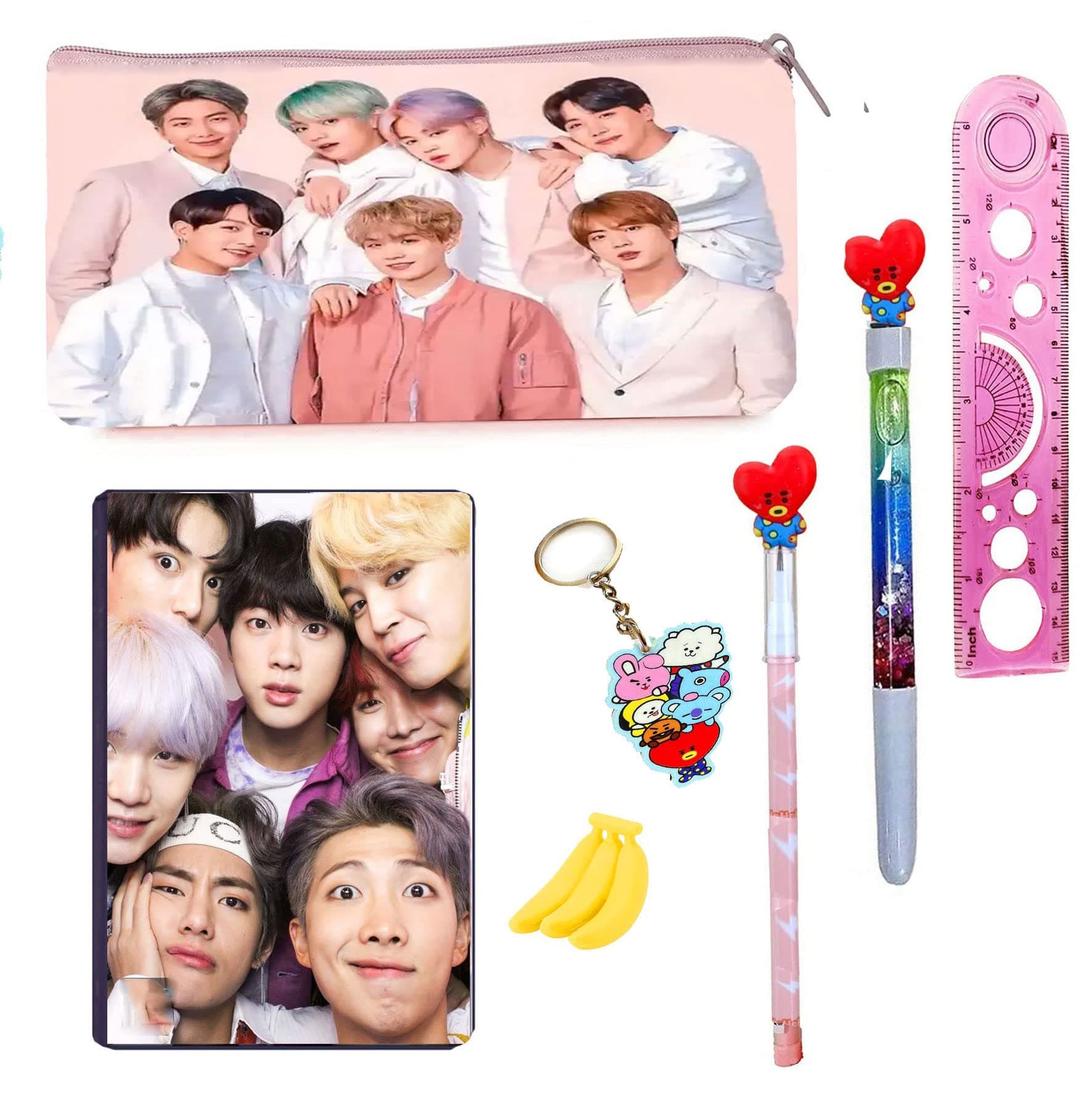 Neel® 7Ps BTS BT-21 Collection School Stationery Gift Set for Kids 1 BTS, A6 (80 Pages) Diary, 1 Pencil Case Pouch for Kids, 1 BT-21 Pen,1 Pencil, 1 Key Chain, 1 Ruler return gift (Pink, Red)