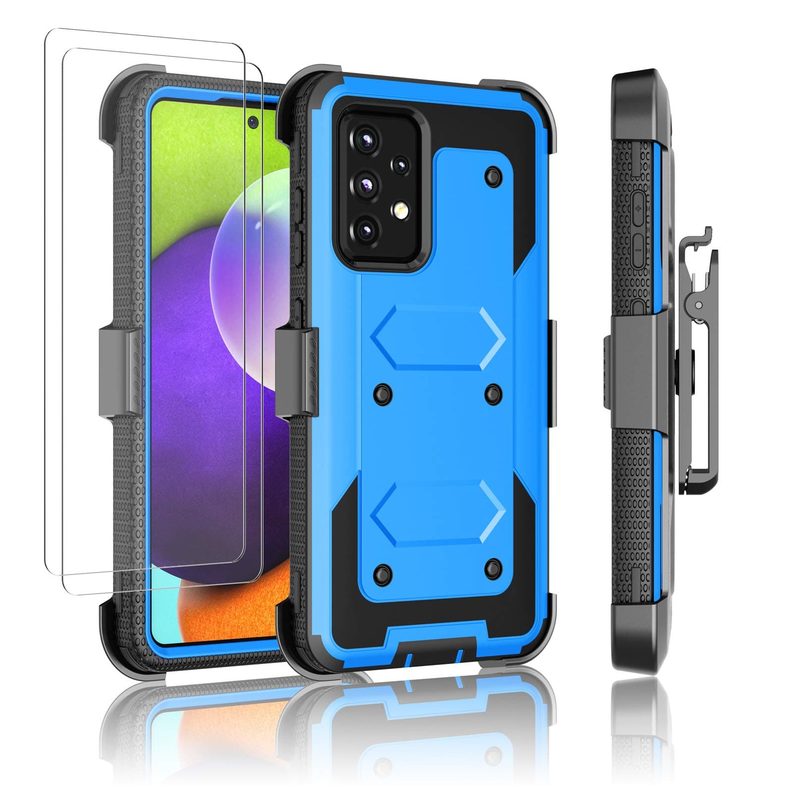 Njjex Rugged Case for Samsung Galaxy A52 5G, for Galaxy A52 5G Case W/Tempered Glass Screen Protector [2 Pack], [Nbeck] Heavy Duty Locking Swivel Holster Belt Clip Kickstand Hard Cover [Blue]