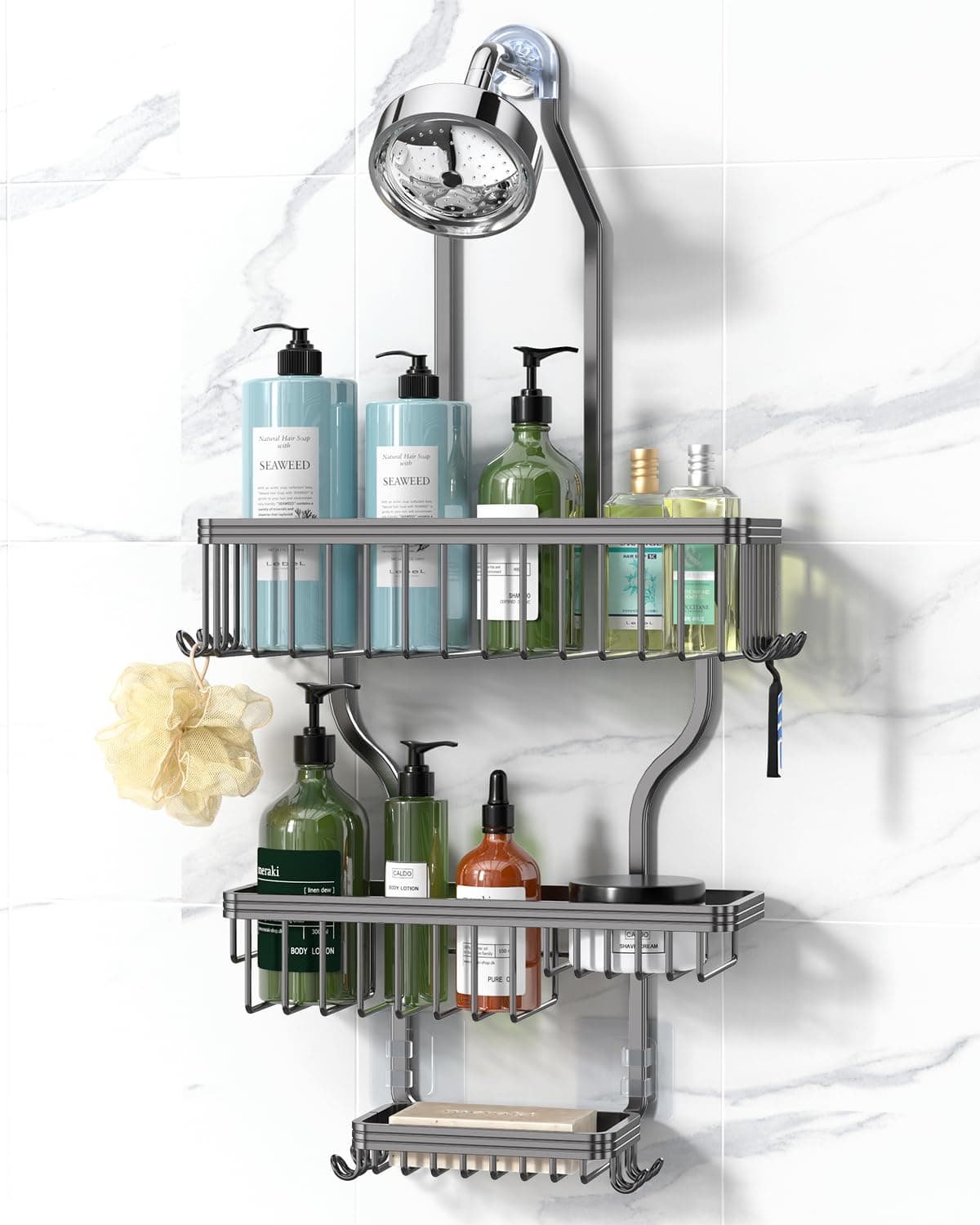 Shower Caddy Hanging - Never Rust Organizer - Aluminum over The head caddy with 10 Hooks for Razor/Sponge - Shower Rack with Soap Basket - Grey