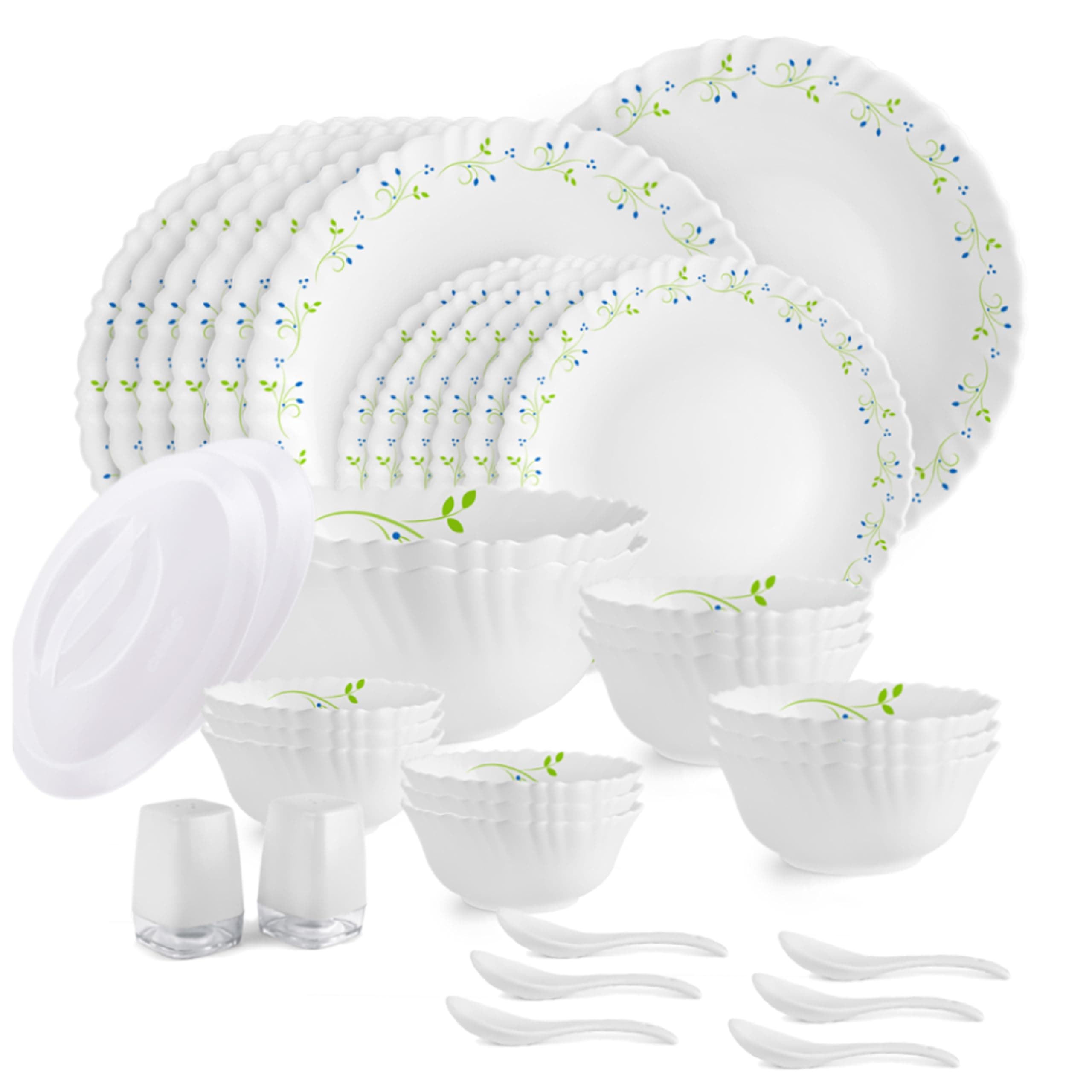 Cello Opalware Dazzle Series Tropical Lagoon Dinner Set, 37Pcs | Opal Glass Dinner Set for 6 | Light-Weight, Daily Use Crockery Set for Dining | White Plate and Bowl Set