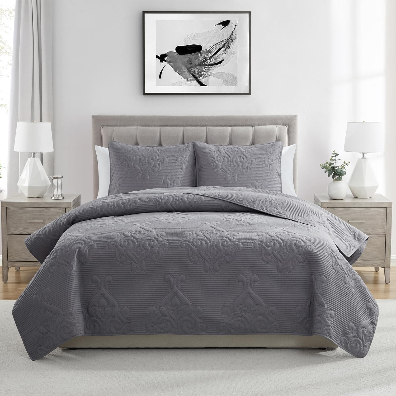 VCNY Home Soft Wash Microfiber Quilt Set, Grey, Full/Queen