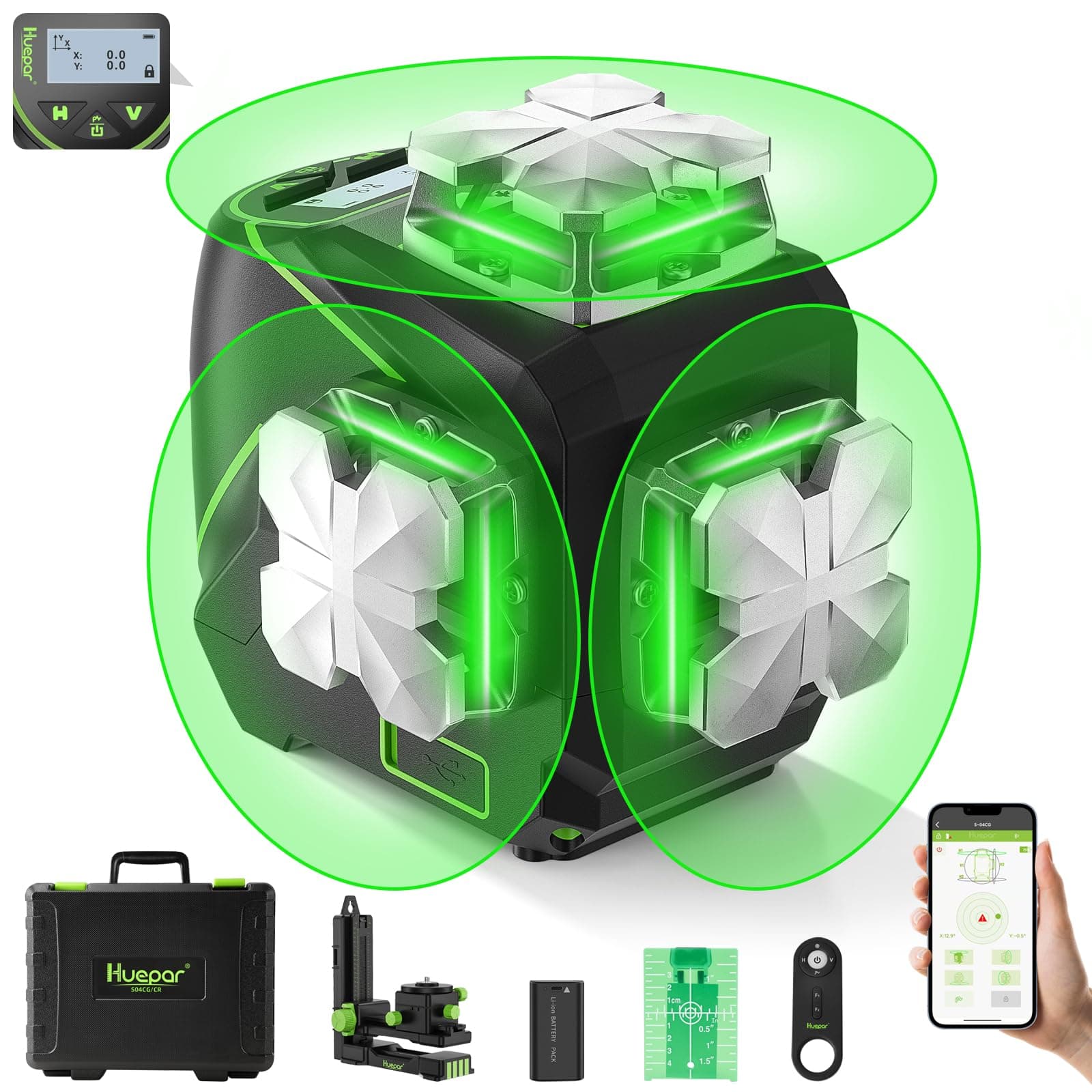 Huepar 12 Lines 3D Self-Leveling Laser Level with LCD Screen 3x360°Bluetooth Connected Green Beam Cross Line Laser Level Tool -360° Horizontal/Vertical Laser Line -Remote Control&Hard Carry Case S03CG