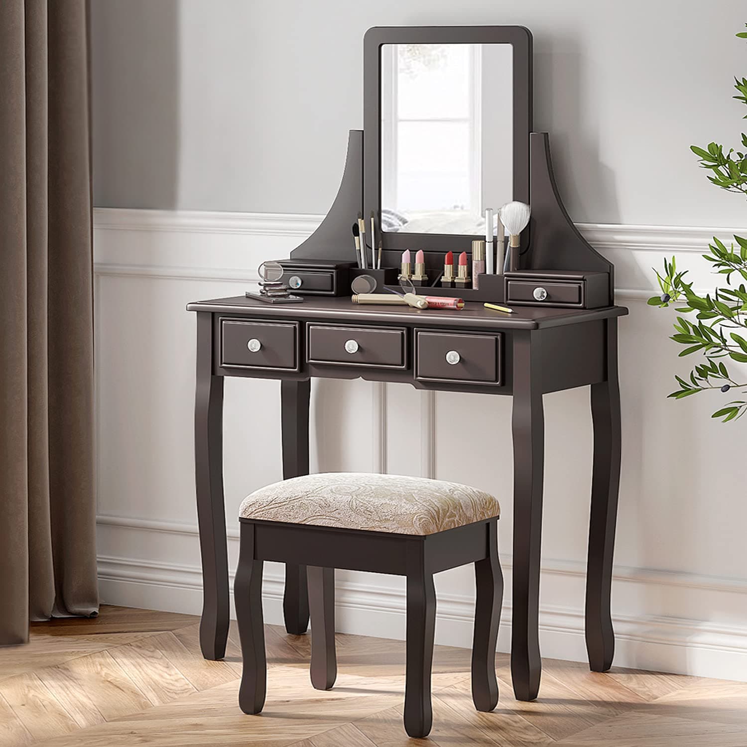 SHA CERLIN Makeup Vanity Table and Cushioned Stool Set, Dressing Table with 5 Storage Drawers, Bedroom Vanity Desk with Mirror for Women Girls, Espresso Brown